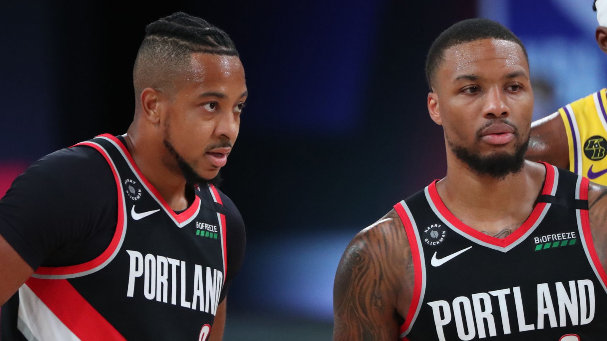 CJ McCollum and Damian Lillard pictured during Portland&#39;s Game 1 win over the Lakers
