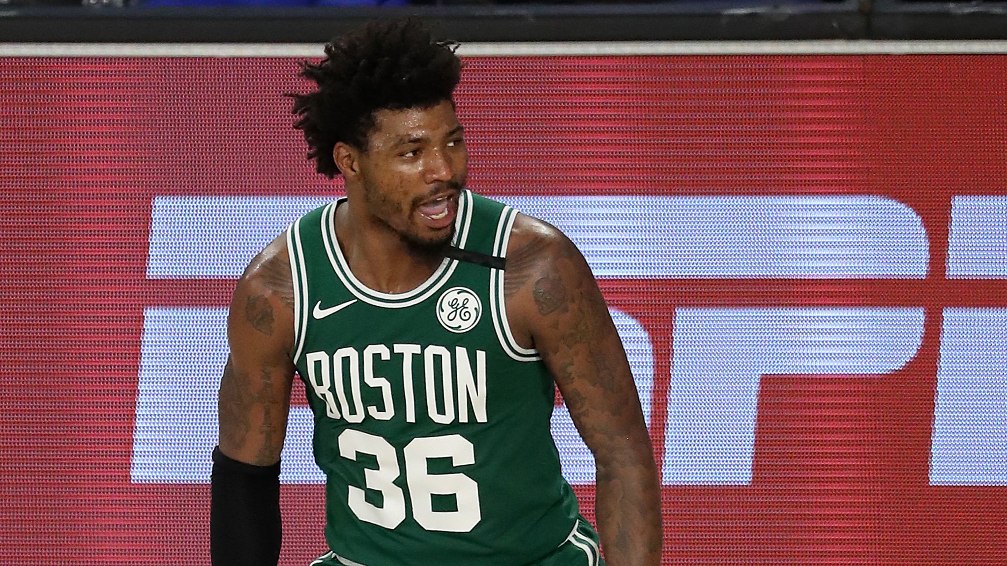 Marcus Smart of the Boston Celtics reacts during double overtime against the Toronto Raptors in Game Six of the Eastern Conference