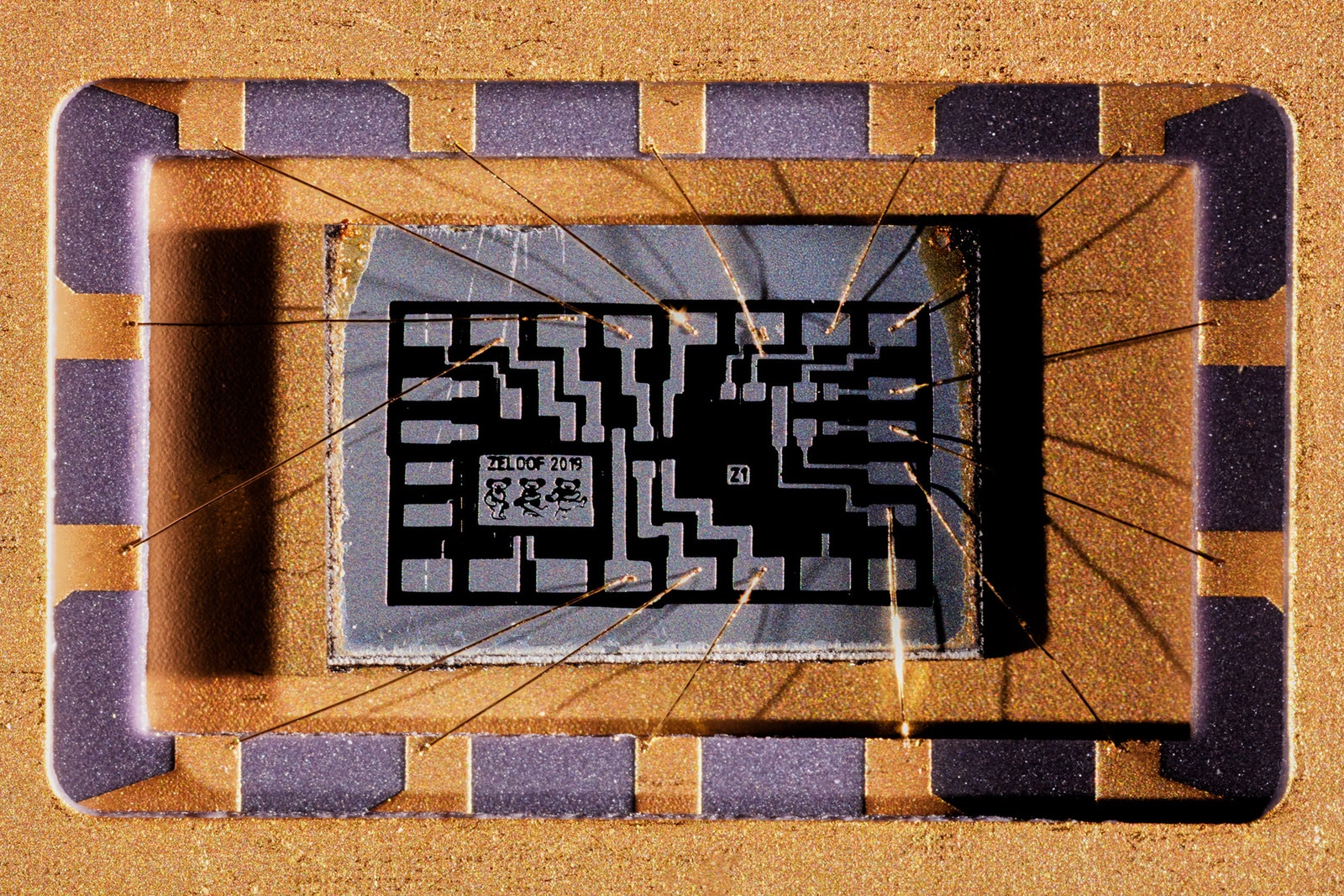 Closeup of Zeloof's first computer chip