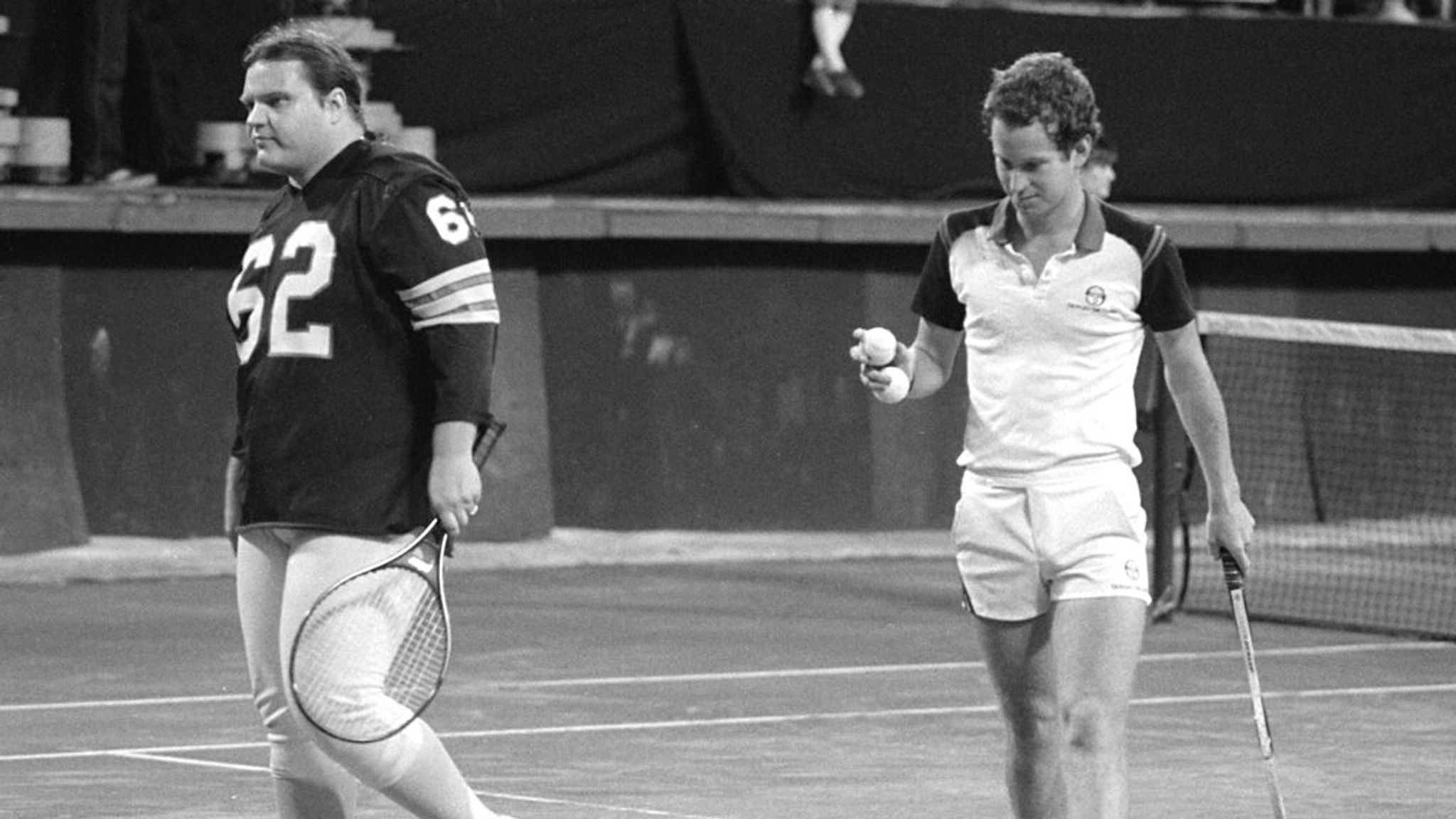 1982: Meat Loaf plays tennis in New York with legendary player John McEnroe. Pic: AP