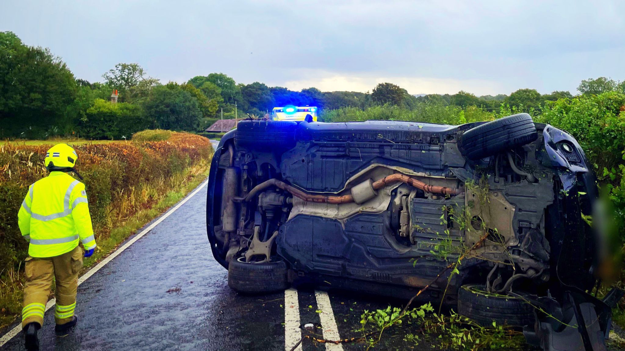 Picture taken with consent from the Twitter feed of PC Tom Van Der Wee showing the aftermath of a single-vehicle collision on the B2135 near Partridge Green. The family of Katie Price have said they have been concerned "for some time" about the TV personality&#39;s mental wellbeing after she was reportedly involved in a car collision. Issue date: Wednesday September 29, 2021.