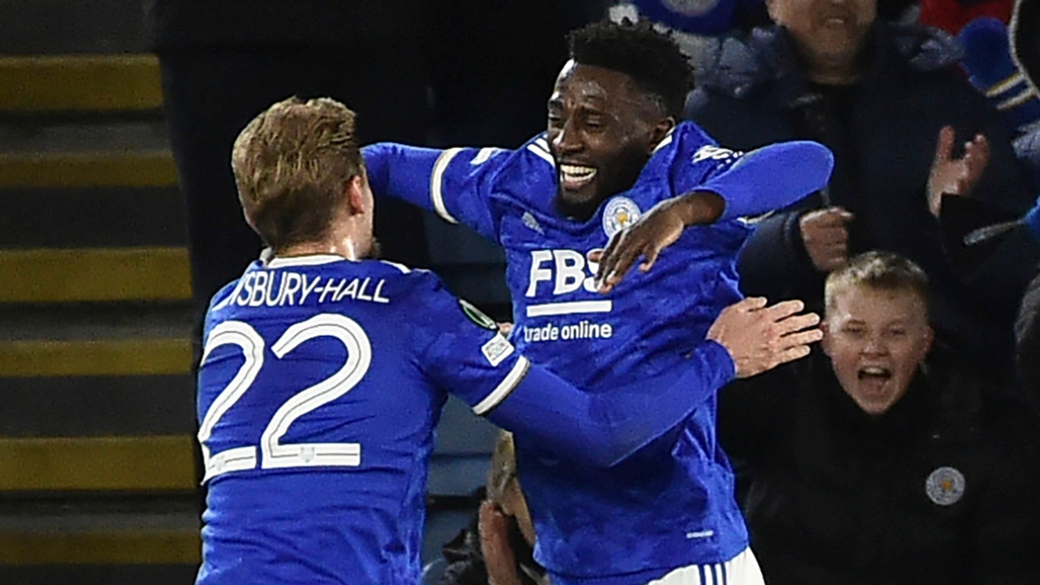 Leicester&#39;s Wilfred Ndidi celebrates with team-mate Kiernan Dewsbury-Hall after scoring against Randers
