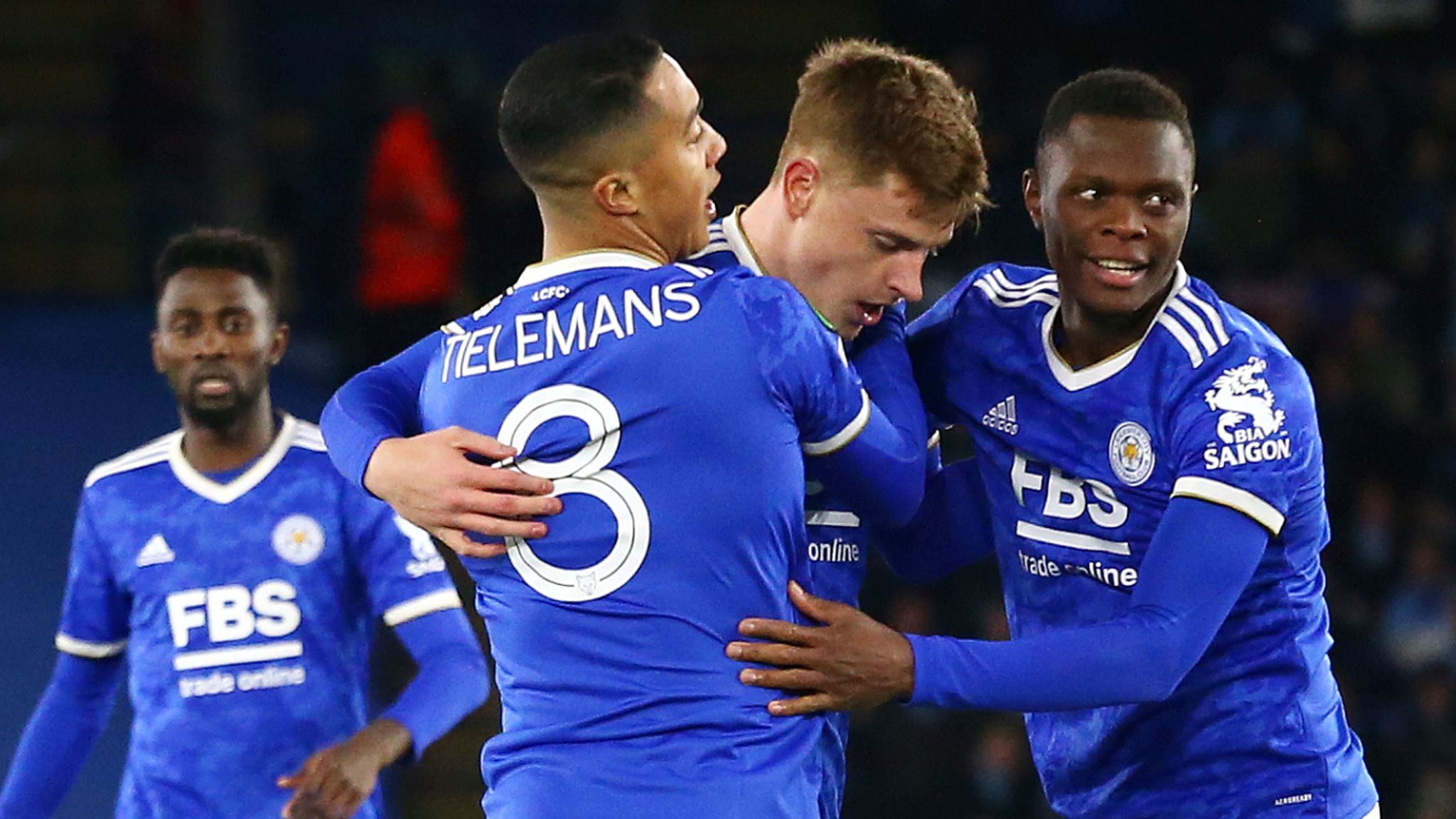 Harvey Barnes celebrates with Leicester team-mates Youri Tielemans and Patson Daka after scoring against Randers