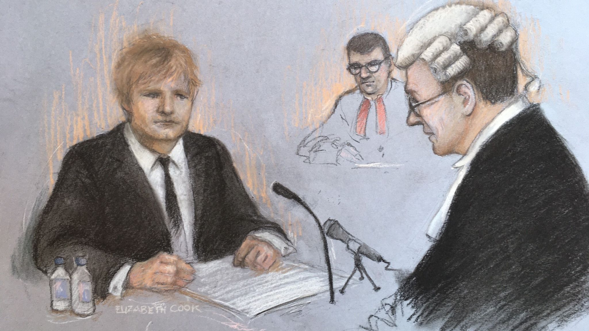 Court sketch of Ed Sheeran as he gives evidence at the High Court. Pic: Elizabeth Cook/PA