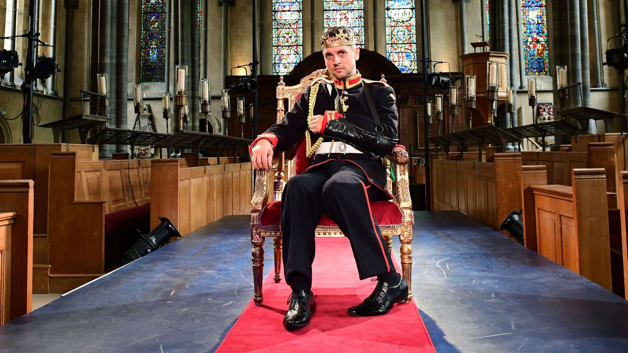 Toby Manley in the lead role of the new production of Shakespeare&#39;s Richard III by Theatre company Antic Disposition at Temple Church, London.