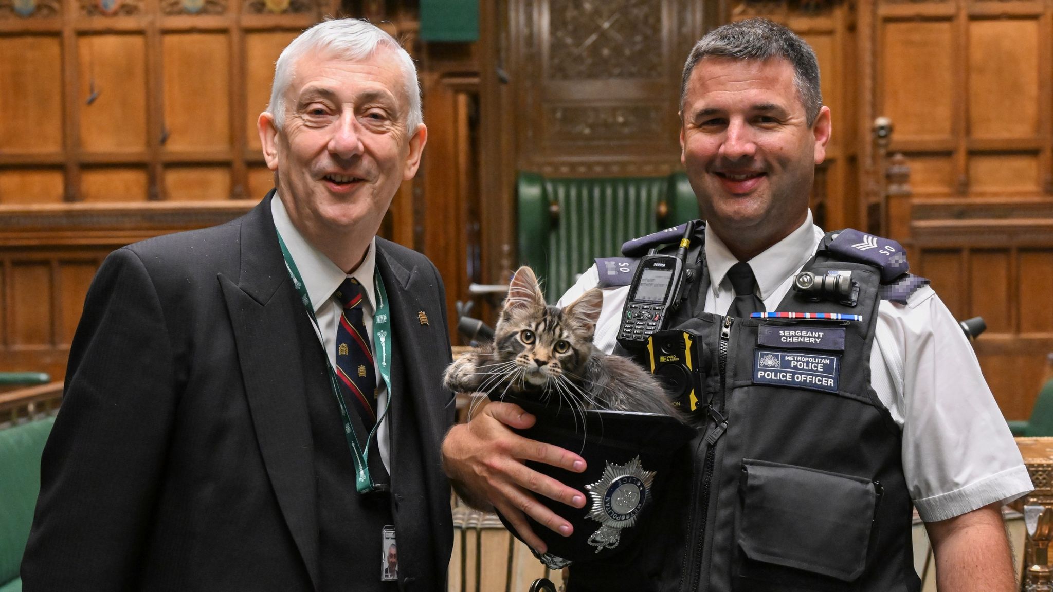 ONE EDITORIAL USE ONLY. NO SALES. NO ARCHIVING. NO ALTERING OR MANIPULATING. NO USE ON SOCIAL MEDIA UNLESS AGREED BY HOC PHOTOGRAPHY SERVICE. MANDATORY CREDIT: UK Parliament/Jessica Taylor Handout photo issued by UK Parliament of Sergeant Lance Chenery of the Metropolitan Police with the Speaker of the House of Commons Sir Lindsay Hoyle (left) with his new kitten Attlee, named after former Labour Prime Minister, Clement Attlee. Issue date: Sunday June 19, 2022. The naming of the four-month-old b