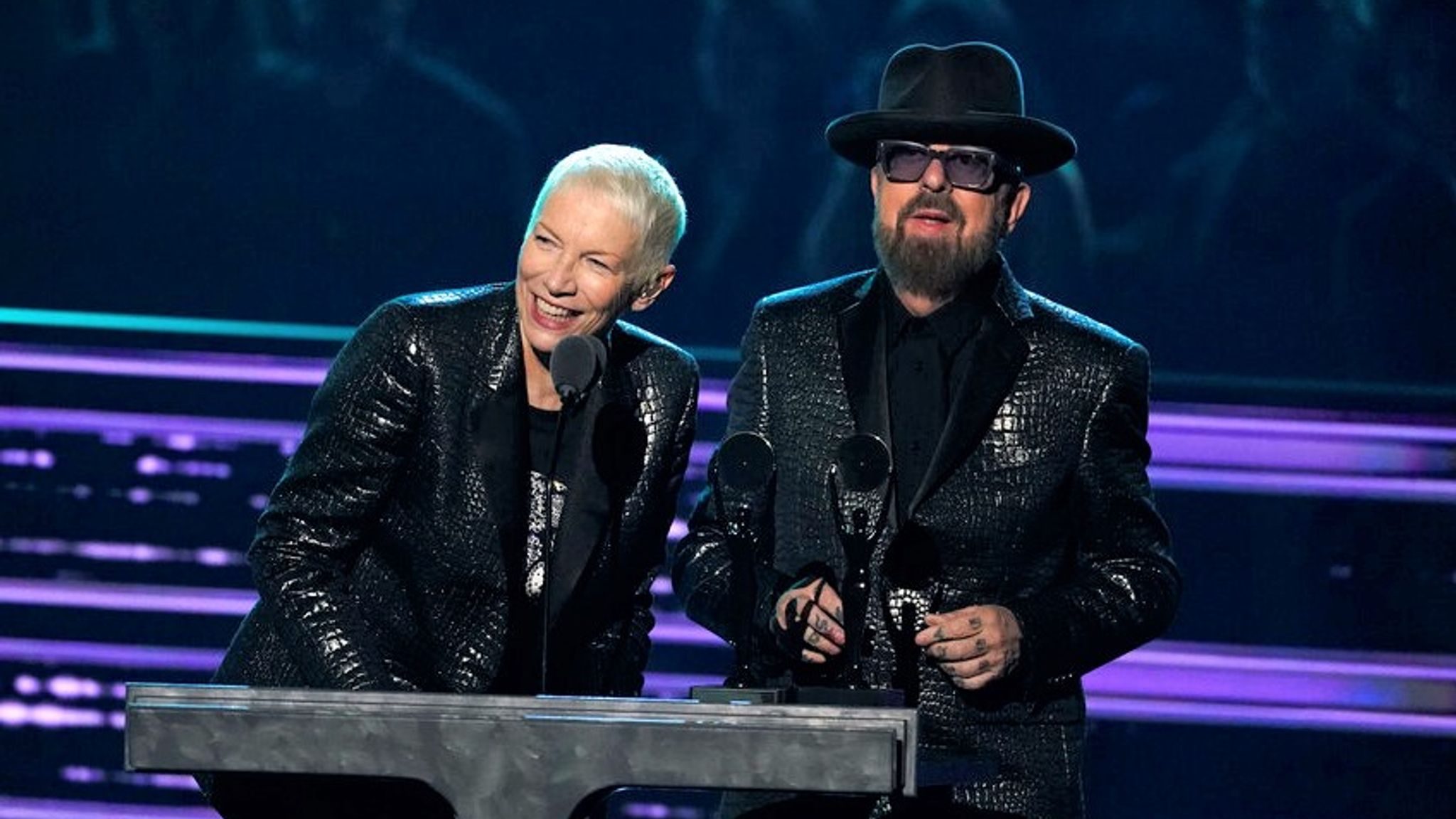 Inductees Annie Lennox, left, and Dave Stewart of Eurythmics speak during the Rock & Roll Hall of Fame Induction Ceremony on Saturday, Nov. 5, 2022. Pic: AP/Chris Pizzello