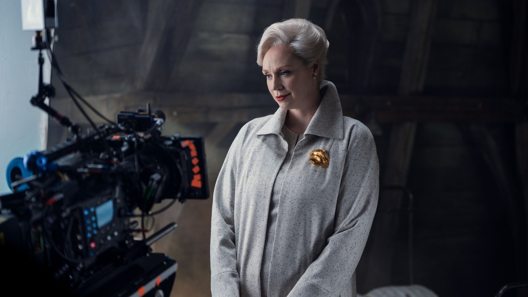 Gwendoline Christie, who plays Wednesday&#39;s headteacher Larissa Weems, said she was thrilled to work with Tim Burton on the series. Credit: Courtesy of Netflix 