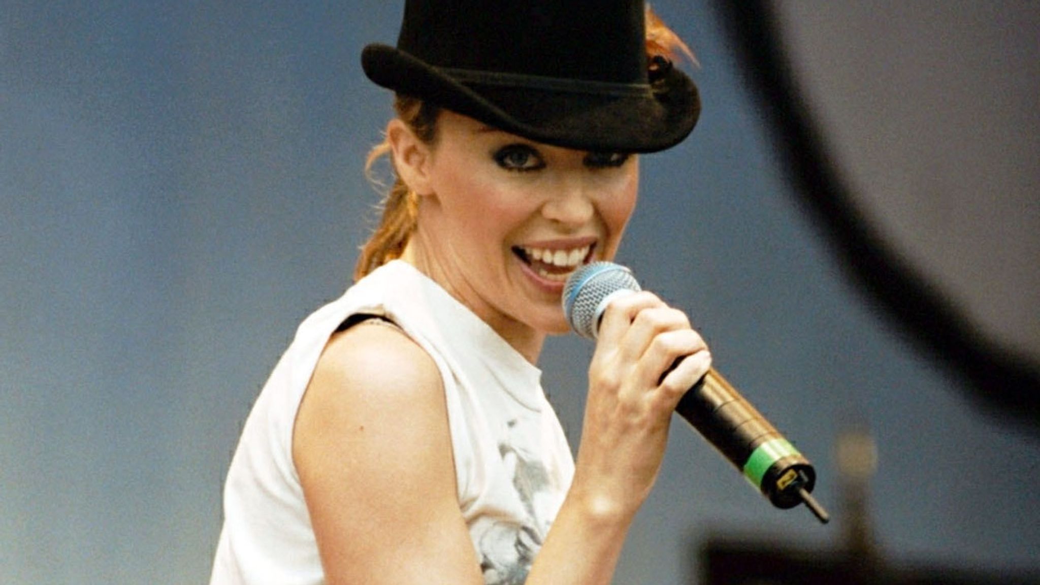 Australian singer Kylie Minogue on stage during the BBC Radio 1, One Big Sunday Music Festival held at Victoria Park, Leicester. * 02/09/2001 of Australian singer Kylie Minogue on stage during the BBC Radio 1, One Big Sunday Music Festival held at Victoria Park, Leicester.
