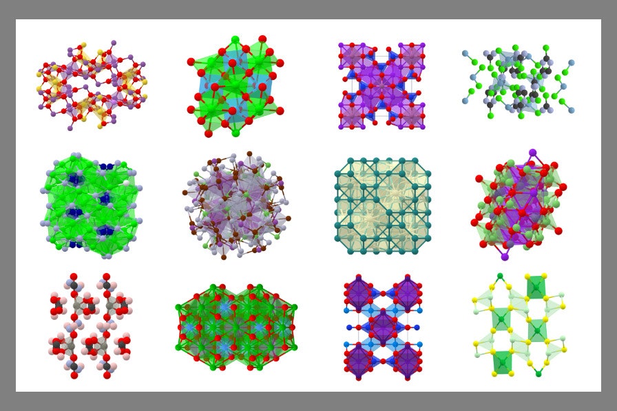 A grid of various multicolored compound structures on a white background