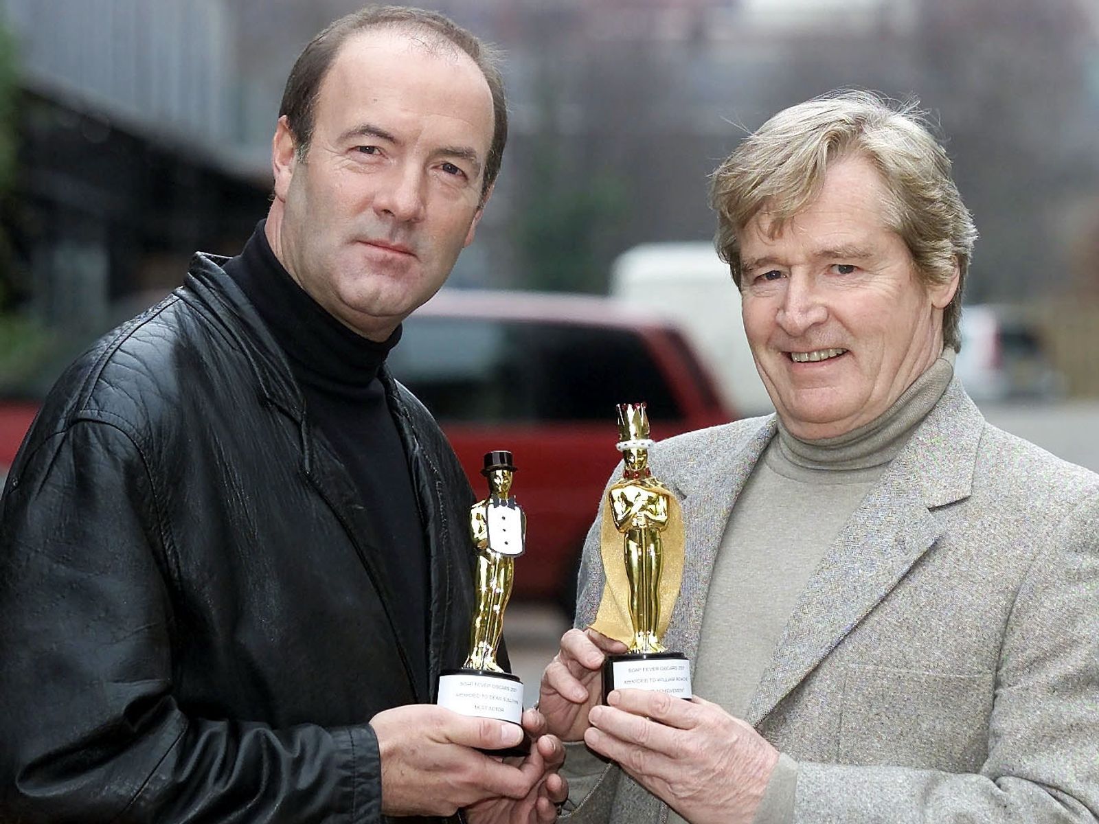 Coronation street actor William Roache (right) with Brookside&#39;s Dean Sullivan with their &#39;Soap Oscars&#39; in 2001