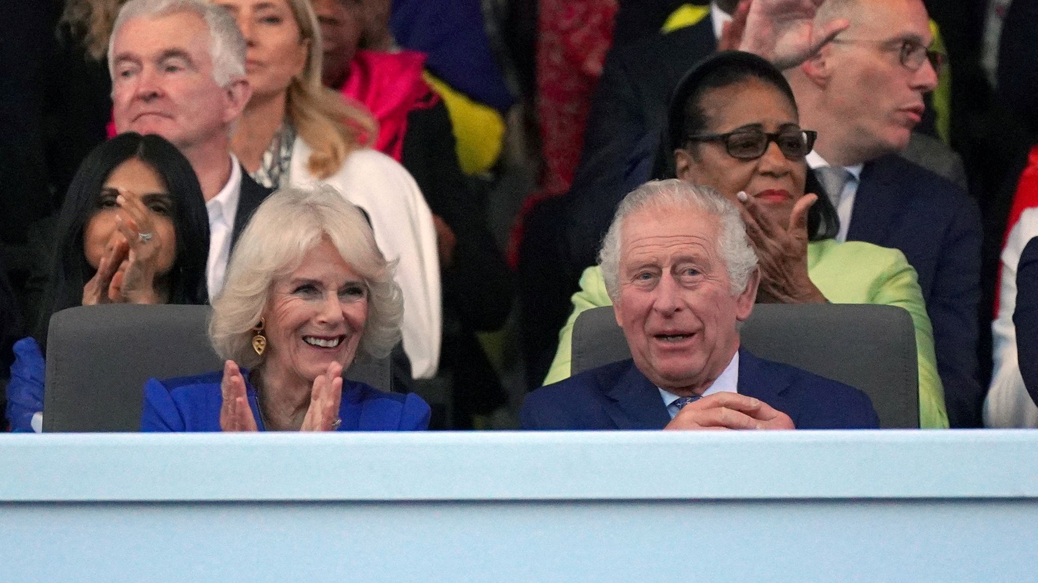 Queen Camilla (left) and King Charles III in the Royal Box viewing the Coronation Concert held in the grounds of Windsor Castle, Berkshire, to celebrate the coronation of King Charles III and Queen Camilla. Picture date: Sunday May 7, 2023. Yui Mok/Pool via REUTERS 