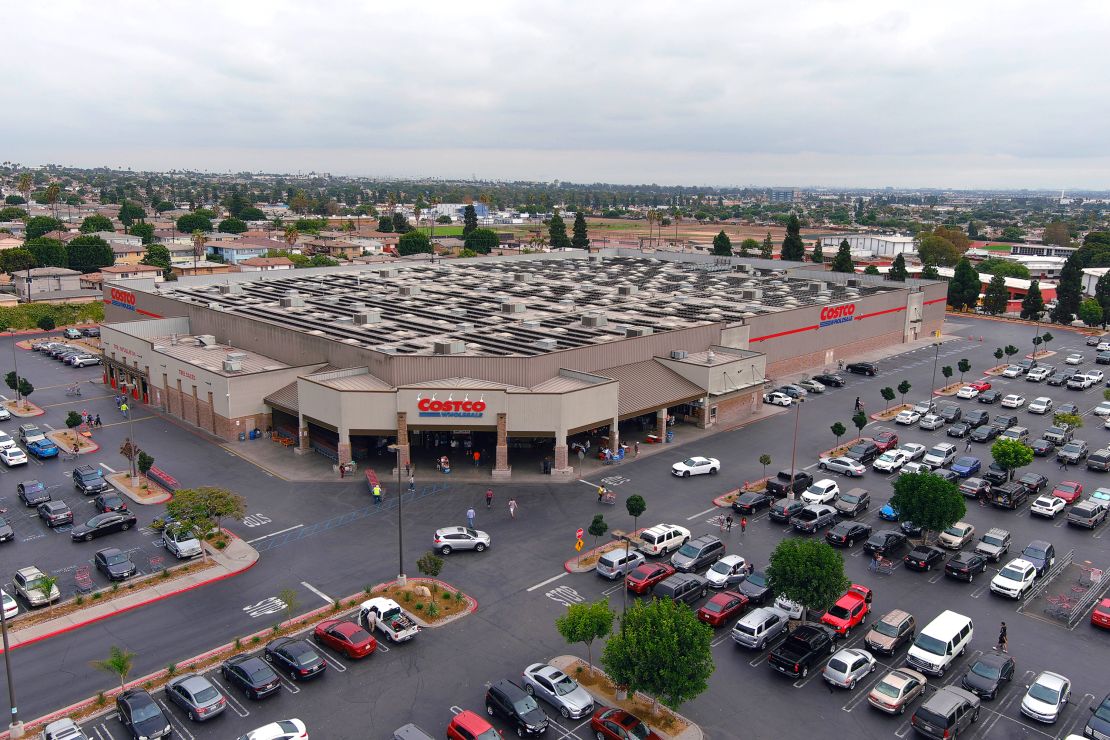 Solar panels on the roof of a Costco store in Ingelwood, California, in 2021. Costco told CNN 95 stores in the US have rooftop solar installations.