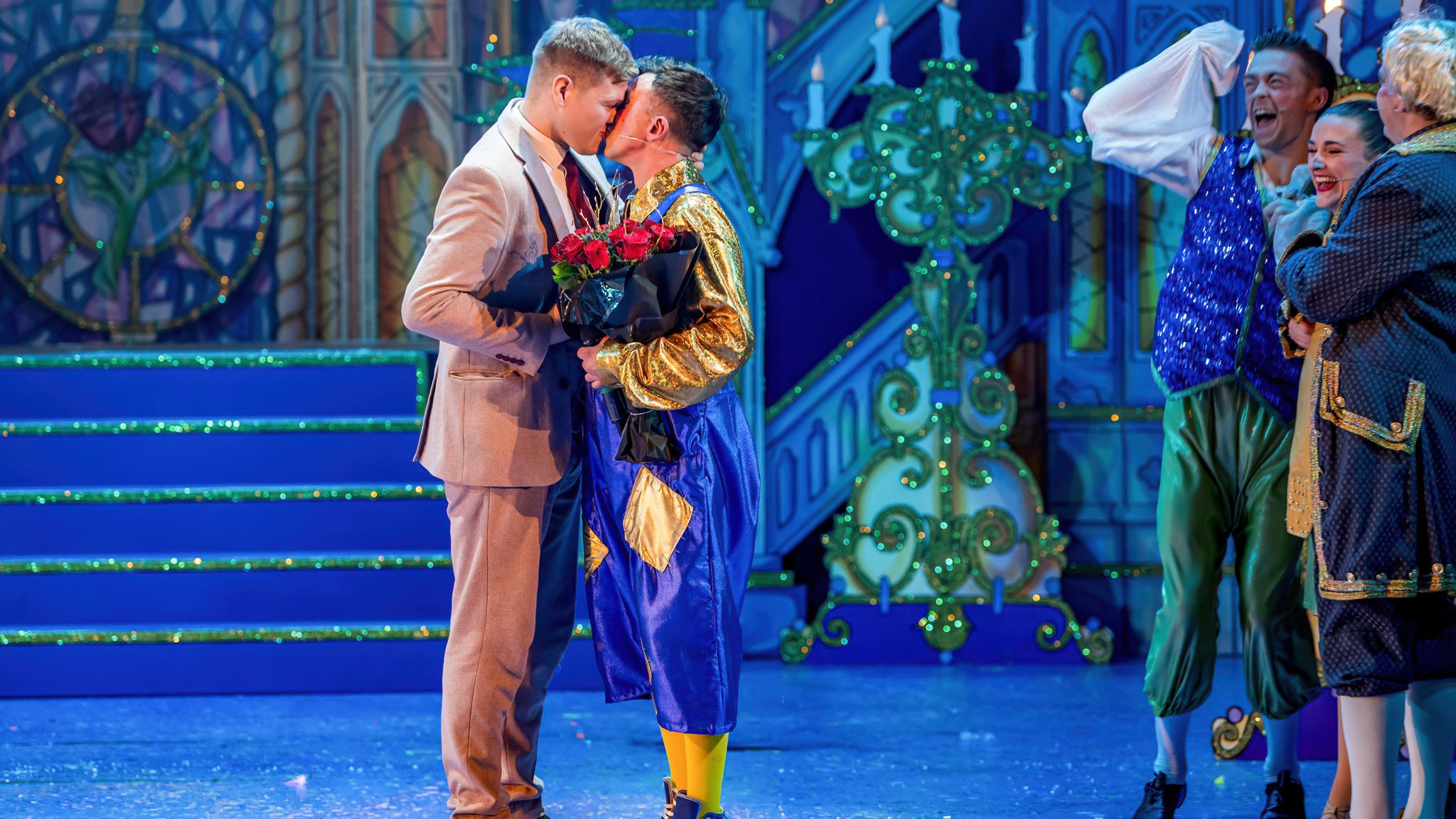 Lee Johnstone (30) proposes to Lee Samuel (37) at finale of opening weekend performance of &#39;Beauty and the Beast&#39; at Beacon Arts Centre, Greenock..&#39;Beauty and the Beast&#39; marks Samuel&#39;s 9th year of panto at the Greenock venue, playing Boabby Blumenthal in this year&#39;s in-house production.