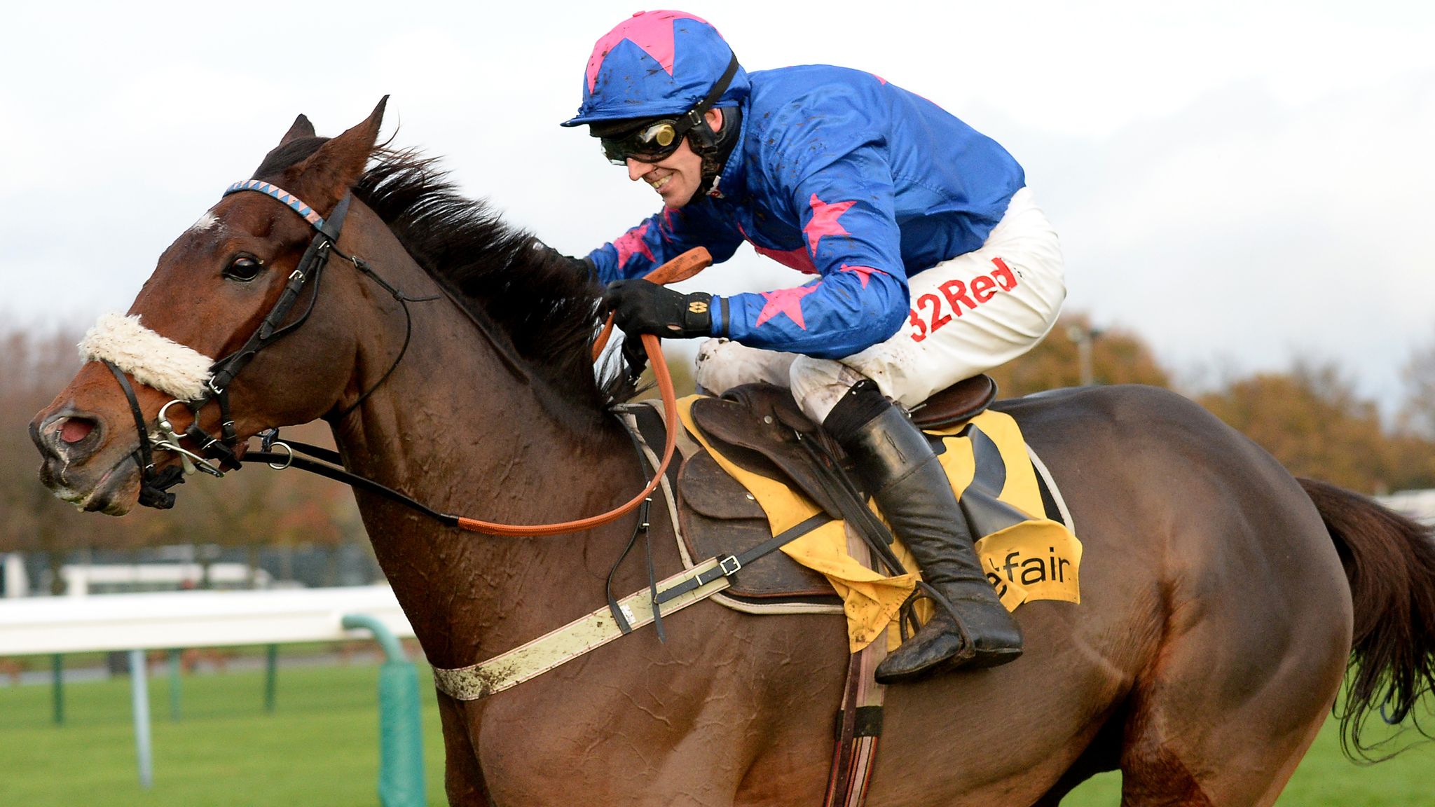 Cue Card ridden by Paddy Brennan after clearing the final fence to win the Betfair Steeple Chase during Betfair Chase day at Haydock Racecourse. 