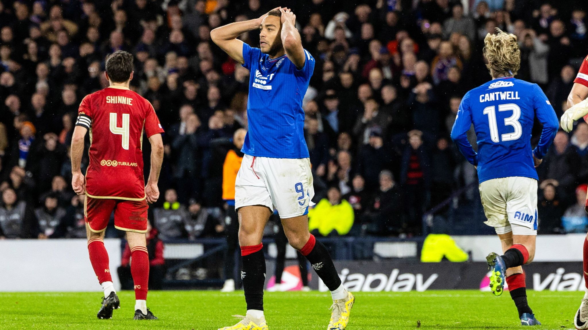 GLASGOW, SCOTLAND - DECEMBER 17: Rangers&#39; Cyriel Dessers is dejected as his shot at goal is savedduring the Viaplay Cup Final match between Rangers and Aberdeen at Hampden Park, on December 17, 2023, in Glasgow, Scotland. (Photo by Craig Foy / SNS Group)