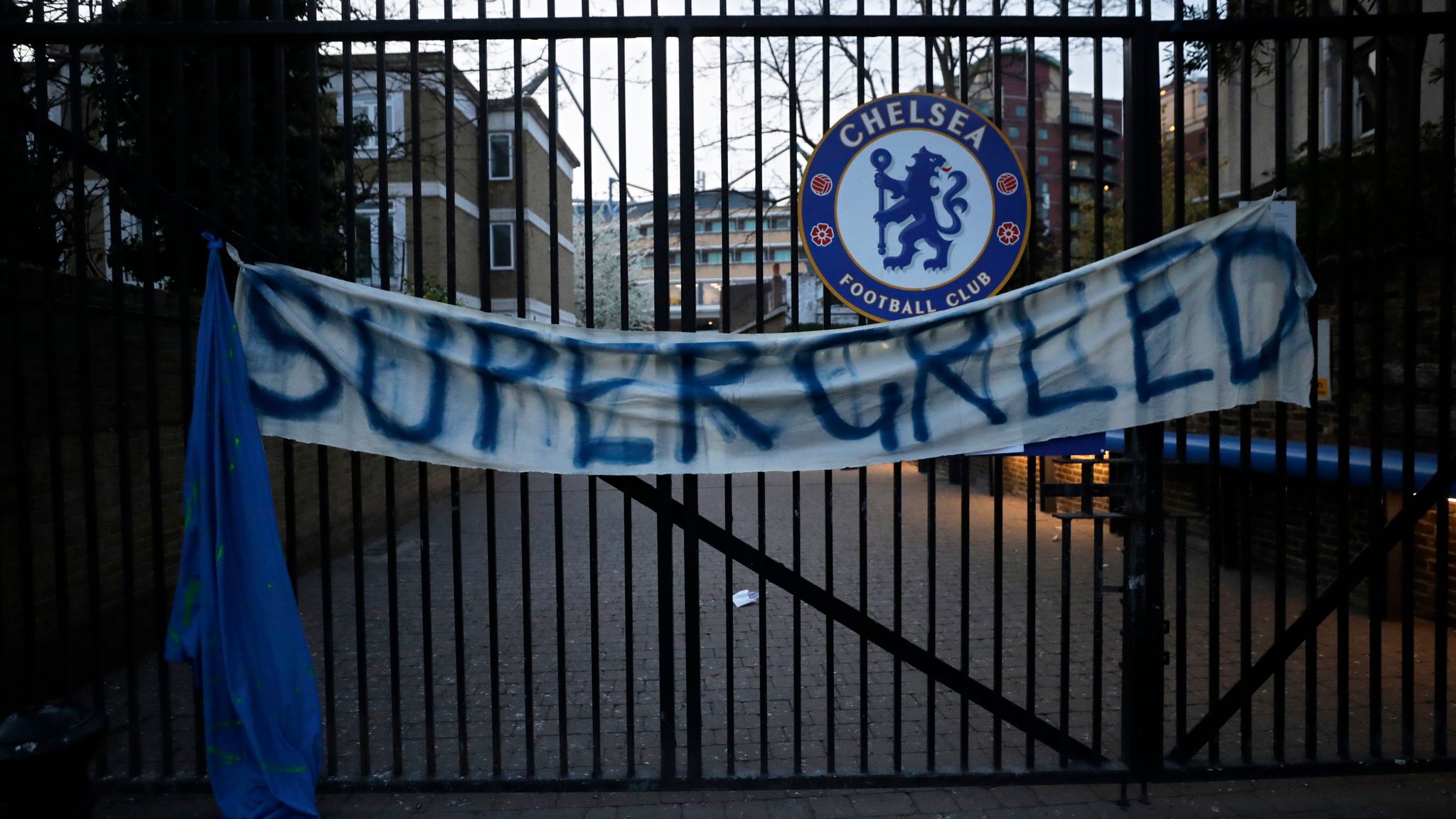AP - &#39;Supergreed&#39; banner outside Stamford Bridge