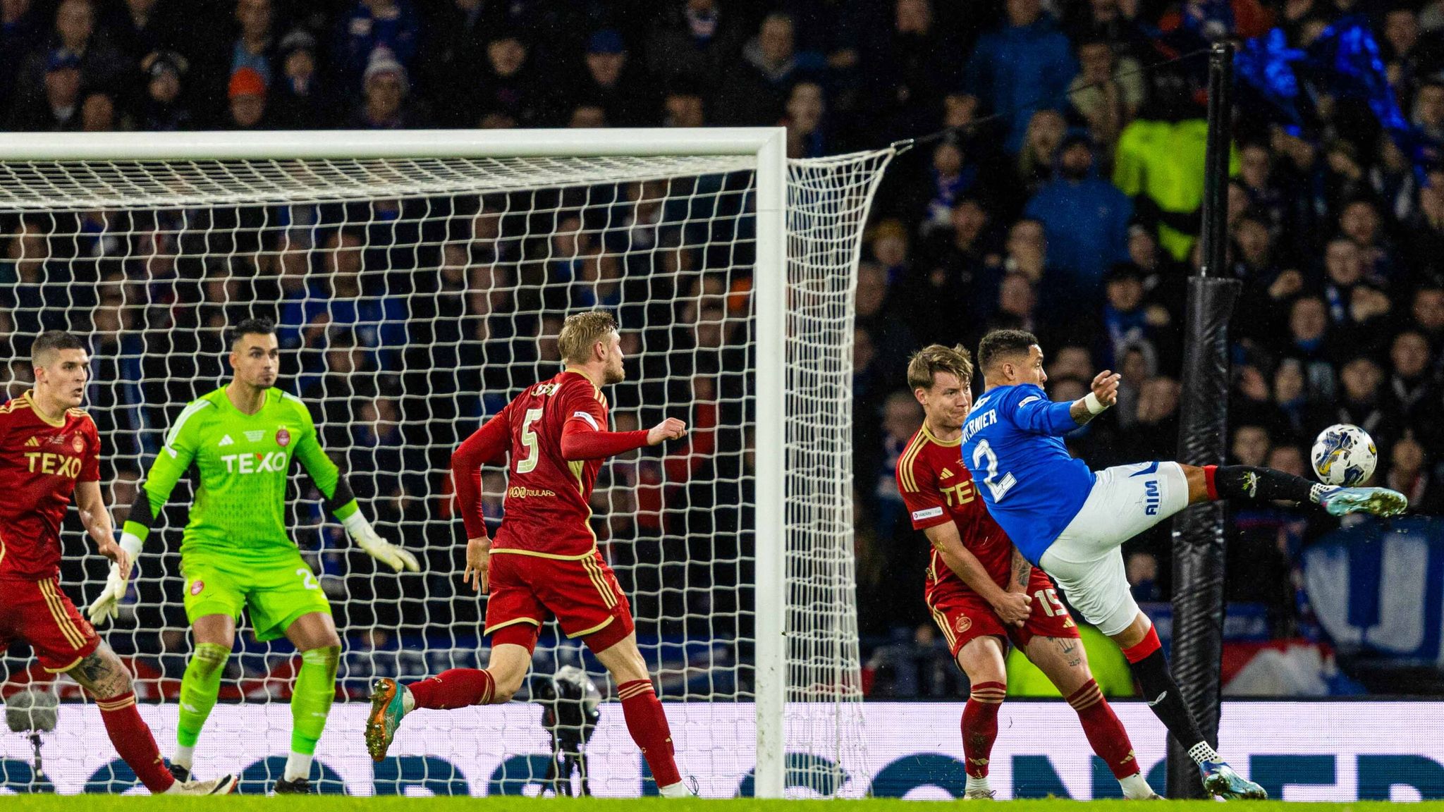 GLASGOW, SCOTLAND - DECEMBER 17: Rangers&#39; James Tavernier scores to make it 1-0 during the Viaplay Cup Final match between Rangers and Aberdeen at Hampden Park, on December 17, 2023, in Glasgow, Scotland. (Photo by Ross Parker / SNS Group)