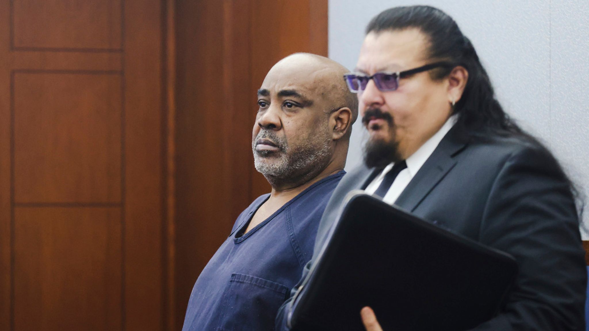 Duane &#39;Keffe D&#39; Davis, who is accused of orchestrating the 1996 murder of hip-hop music star Tupac Shakur, appears in court next to attorney Charles Cano for a hearing at the Regional Justice Center in Las Vegas. Pic: Rachel Aston/Las Vegas Review-Journal via AP