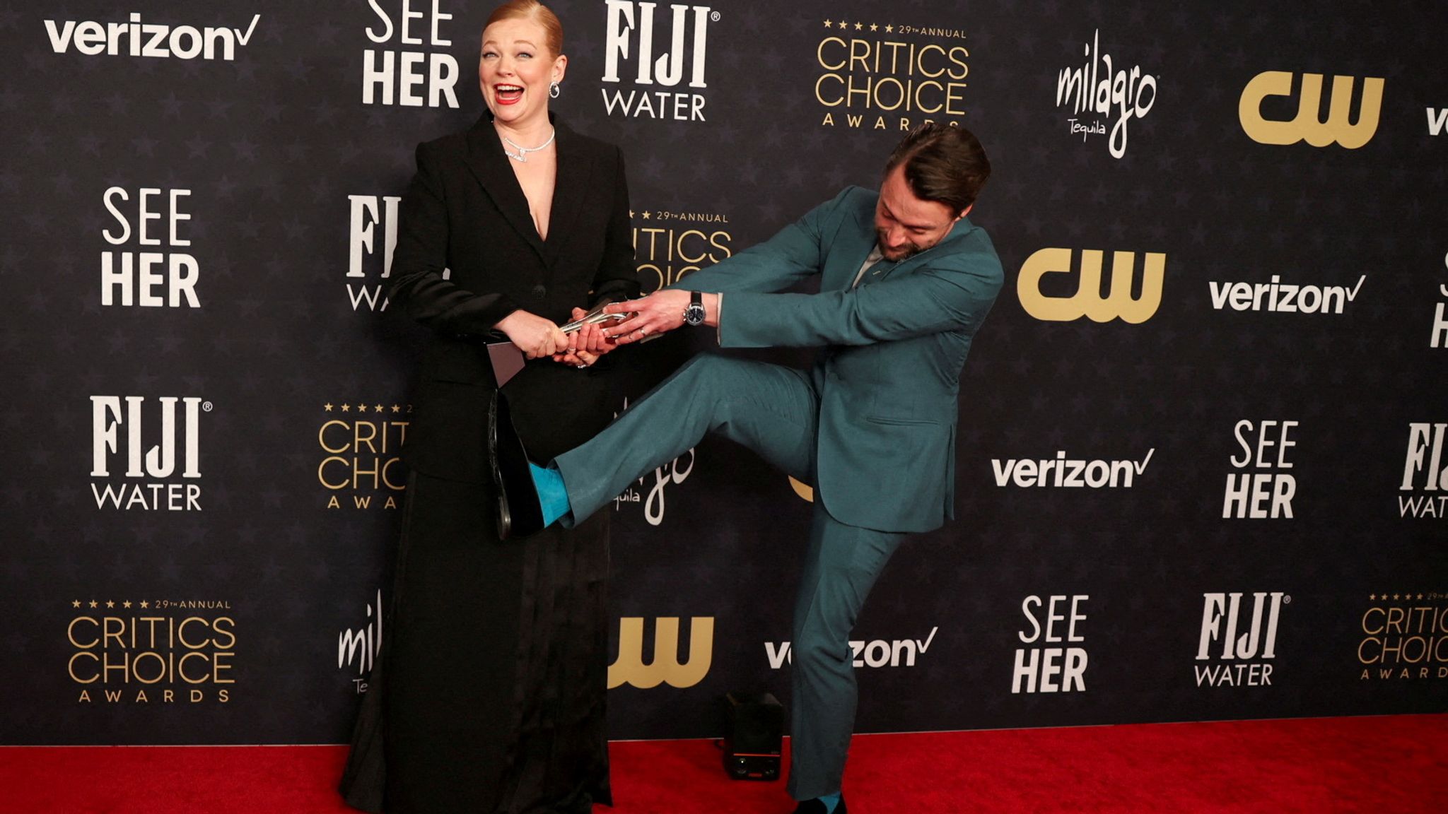 Sarah Snook, winner of the best actress in a drama series award for Succession, poses with Kieran Culkin winner of the best actor in a drama series for the same programme