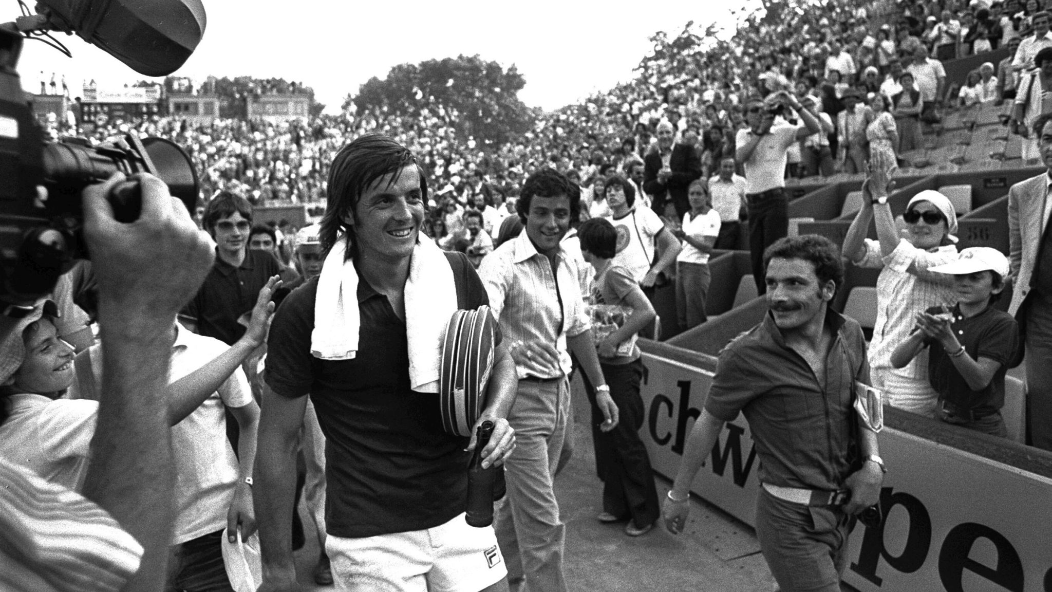 Italian Adriano Panatta smiles after the quarter final match of the French Open Tennis Tournament in Paris. He won over Swedish Bjorn Borg, 6-3, 6-3, 2-6, 7-6, at the Roland Garros Stadium. (AP-PHOTO/stf/Michel Lipchitz) 09.06.1976