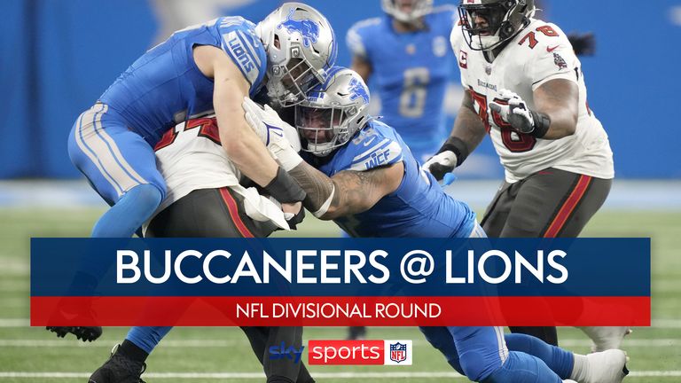 Tampa Bay Buccaneers wide receiver Chris Godwin, second from left, is stopped by Detroit Lions defensive end Aidan Hutchinson, left, and defensive tackle Tyson Alualu during the first half of an NFL football NFC divisional playoff game, Sunday, Jan. 21, 2024, in Detroit. Buccaneers offensive tackle Tristan Wirfs (78) tries to help on the play. (AP Photo/Carlos Osorio) 