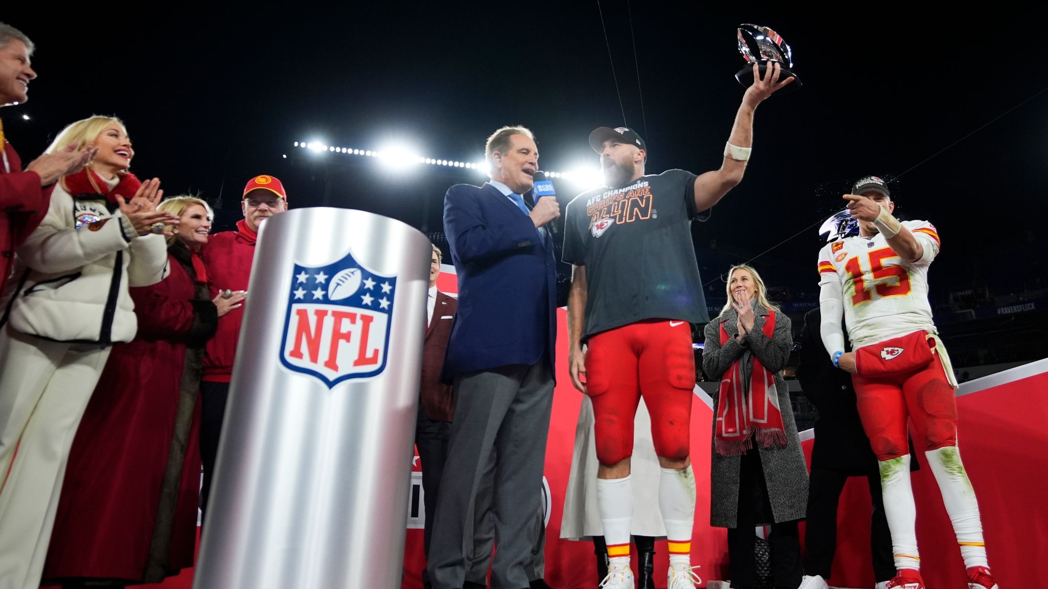 Kansas City Chiefs tight end Travis Kelce holds the Lamar Hunt trophy, Sunday, Jan. 28, 2024. Pic: AP Photo/Matt Slocum