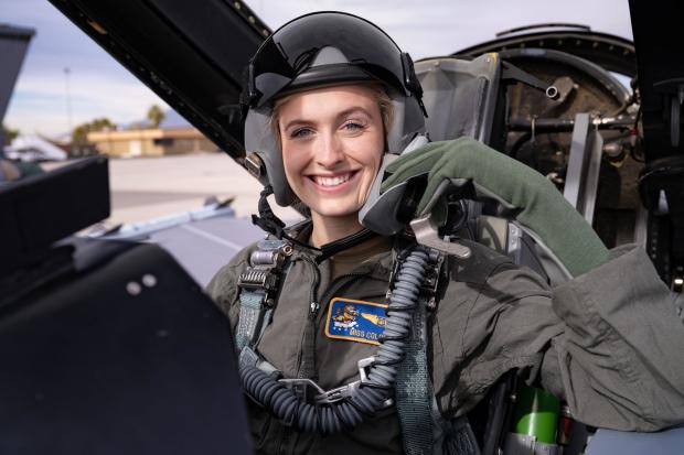 U.S. Air Force 2nd Lt. Madison Marsh prepares for a flight at Nellis Air Force Base in Nevada, Dec. 19, 2023. 