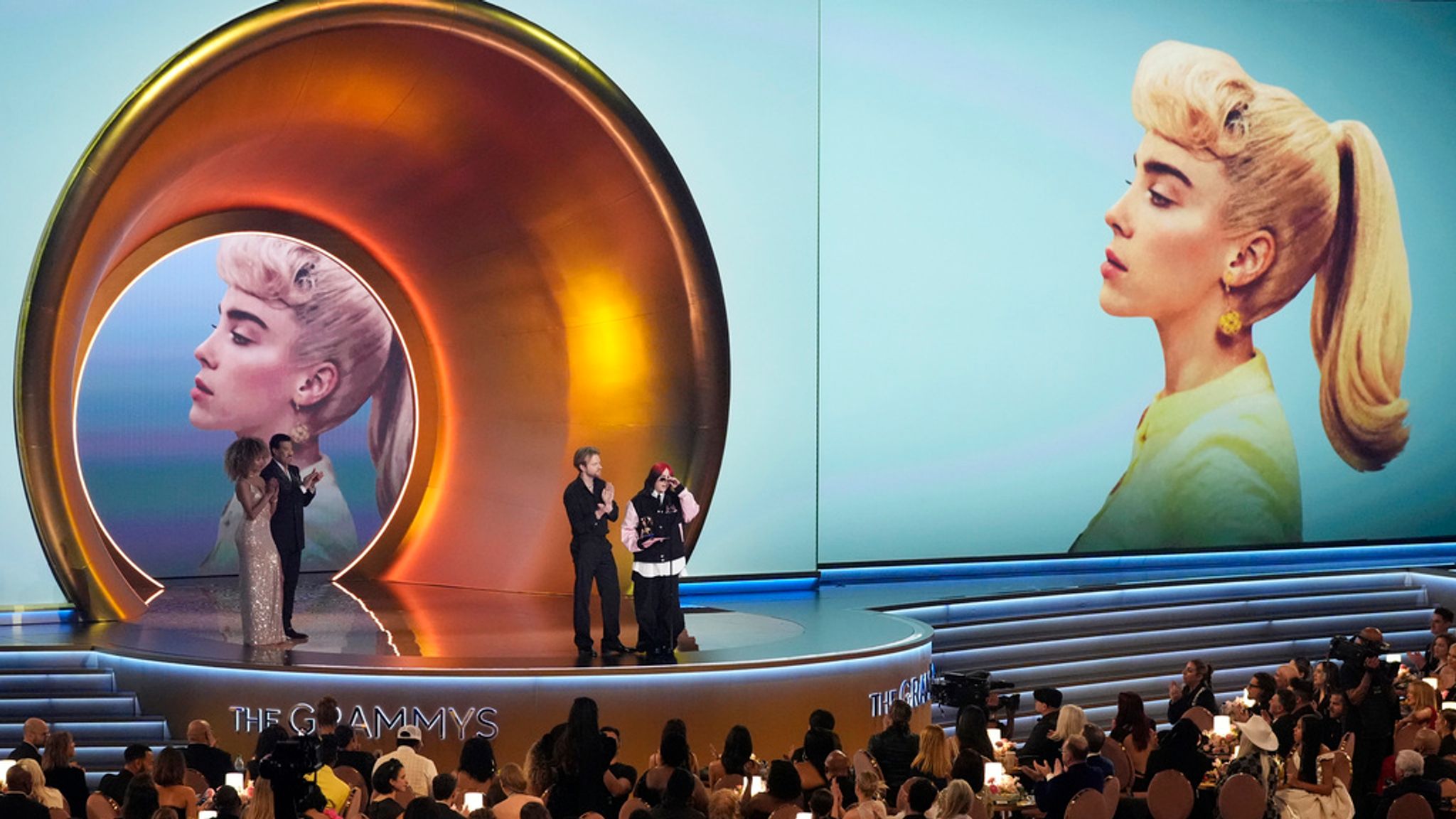 Finneas, left, and Billie Eilish accept the award for song of the year for "What Was I Made For?" during the 66th annual Grammy Awards on Sunday, Feb. 4, 2024, in Los Angeles. (AP Photo/Chris Pizzello)