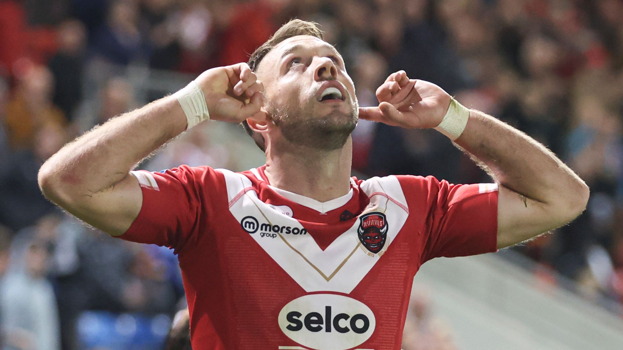 Picture by Paul Currie/SWpix.com - 25/08/2023 - Rugby League - Betfred Super League Round 23 - Salford Red Devils v Wakefield Trinity - AJ Bell Stadium, Salford, England - Salford Red Devils' Ryan Brierley celebrates scoring the 3rd try