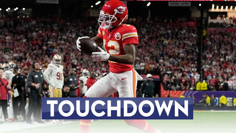 Kansas City Chiefs wide receiver Mecole Hardman Jr. (12) scores a touchdown against the San Francisco 49ers in overtime during the NFL Super Bowl 58 football game Sunday, Feb. 11, 2024, in Las Vegas. The Chiefs won 25-22. (AP Photo/George Walker IV) 