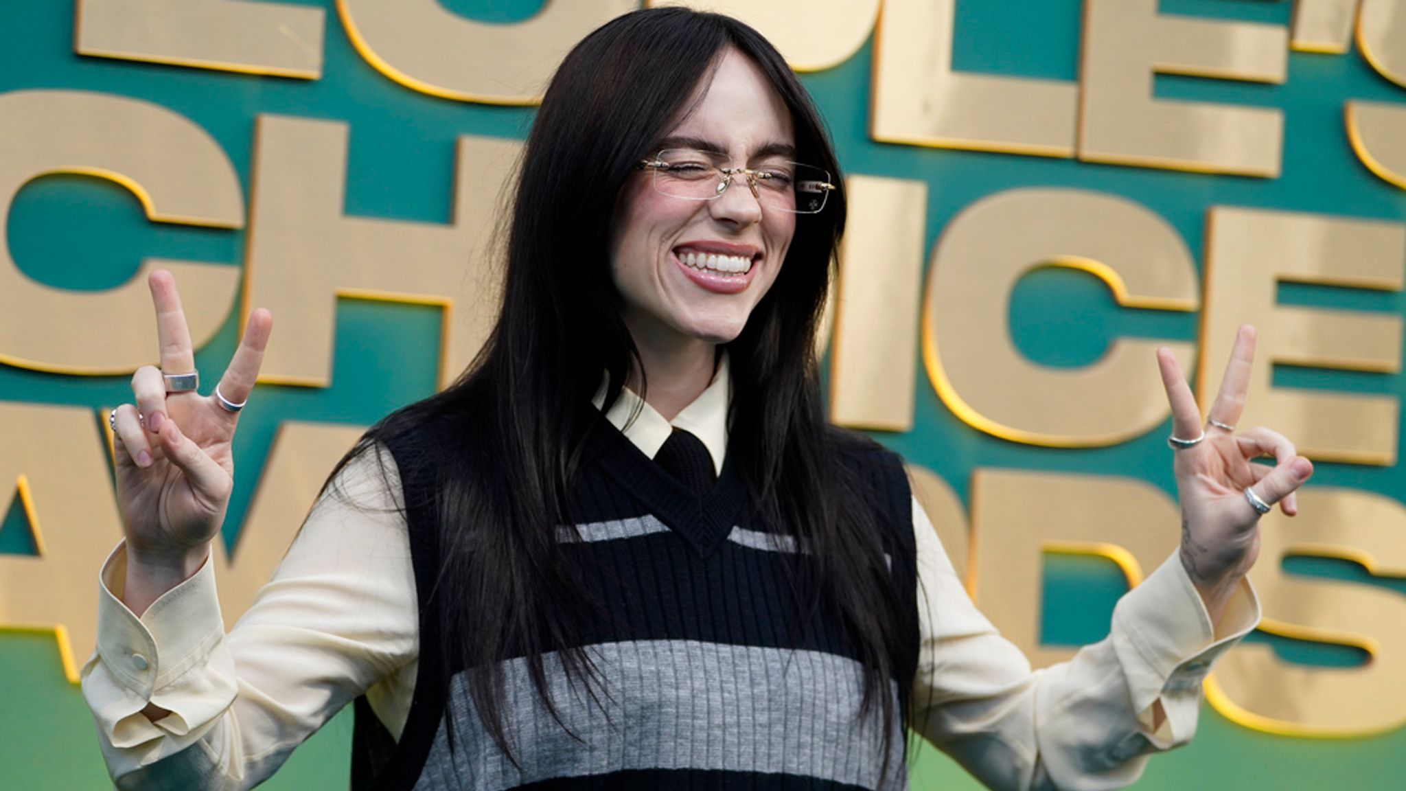 Billie Eilish arrives at the People&#39;s Choice Awards on Sunday, Feb. 18, 2024, at the Barker Hangar in Santa Monica, Calif. (Photo by Jordan Strauss/Invision/AP)