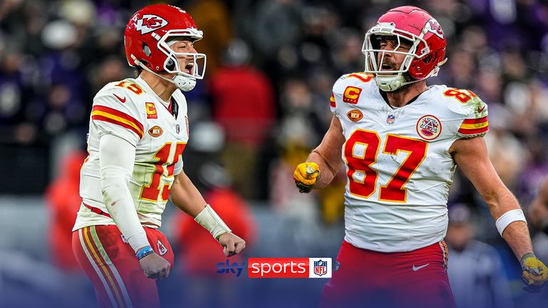 Chiefs quarterback Patrick Mahomes and tight end Travis Kelce celebrate reaching Super Bowl LVIII