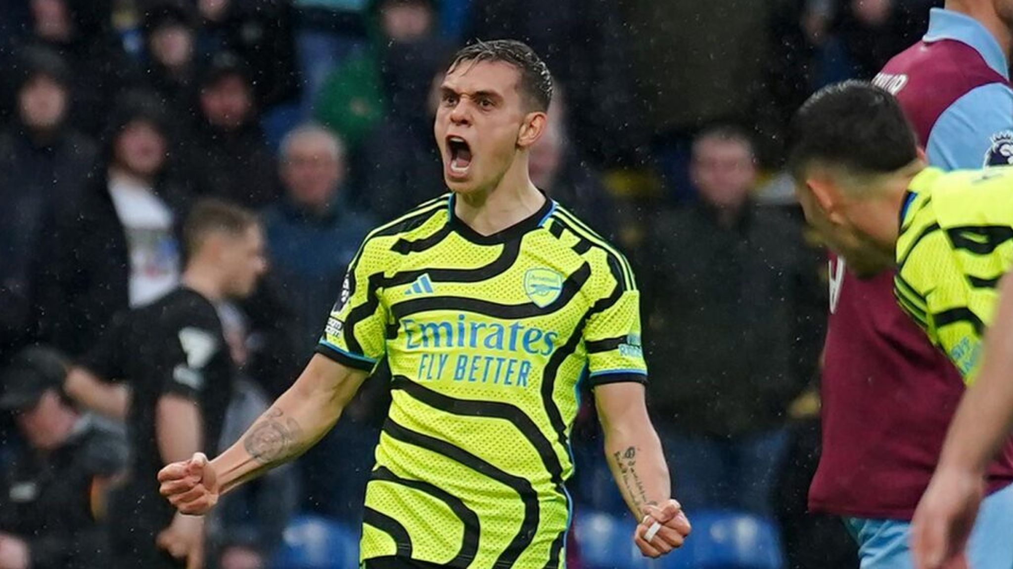 Leandro Trossard celebrates after scoring Arsenal's fourth goal at Burnley