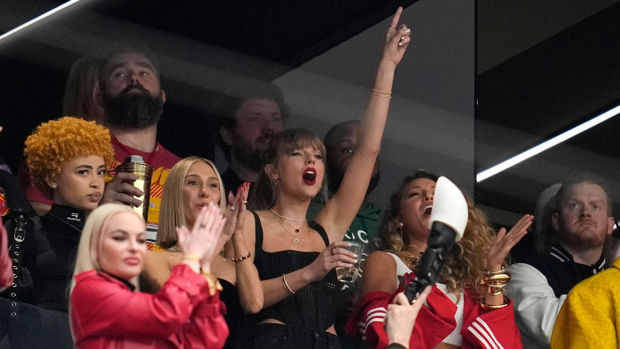 Taylor Swift reacts during the first half of the NFL Super Bowl 58 football game between the San Francisco 49ers and the Kansas City Chiefs on Sunday, Feb. 11, 2024, in Las Vegas. (AP Photo/Ashley Landis)