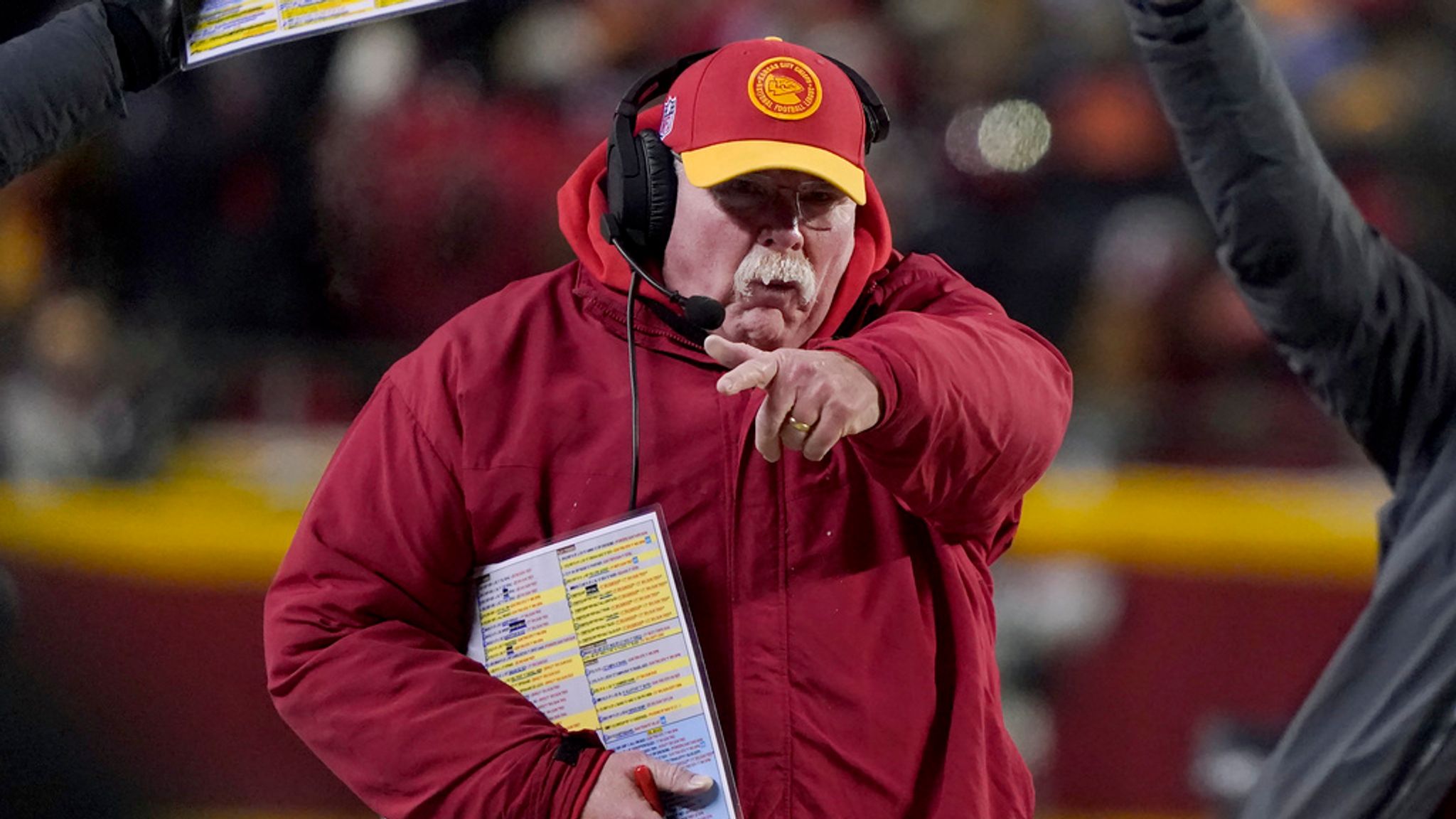 Kansas City Chiefs head coach Andy Reid gestures during the first half of the team&#39;s NFL wild-card playoff football game against the Miami Dolphins Saturday, Jan. 13, 2024, in Kansas City, Mo. (AP Photo/Ed Zurga)