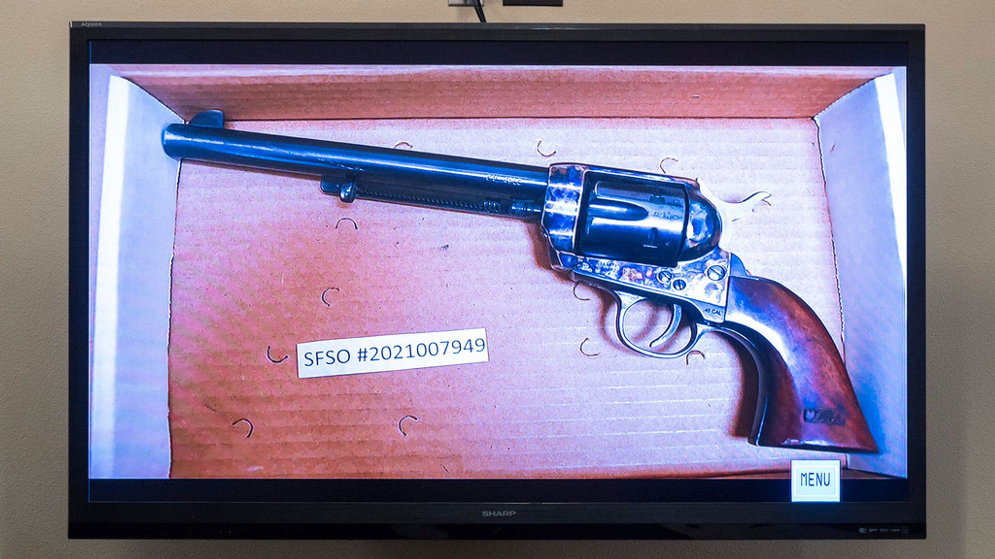 The revolver that actor Alec Baldwin was holding on the set of Rust was shown during the trial of armourer Hannah Gutierrez. Pic: Eddie Moore/The Albuquerque Journal/AP 