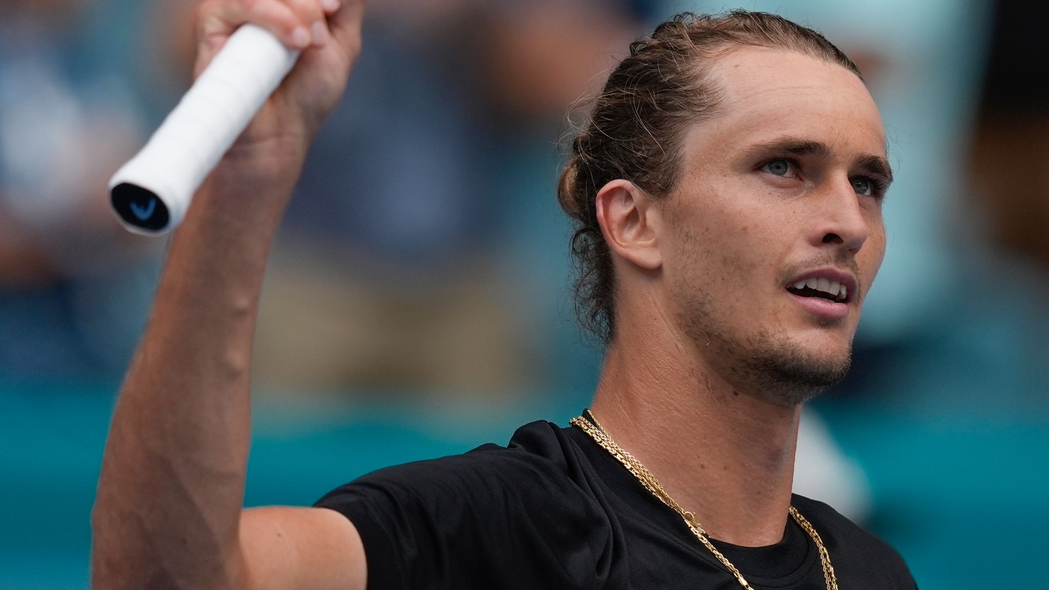 Alexander Zverev, of Germany, salutes fans after beating Christopher Eubanks in their men's third round match at the Miami Open tennis tournament, Monday, March 25, 2024, in Miami Gardens, Fla. (AP Photo/Rebecca Blackwell)