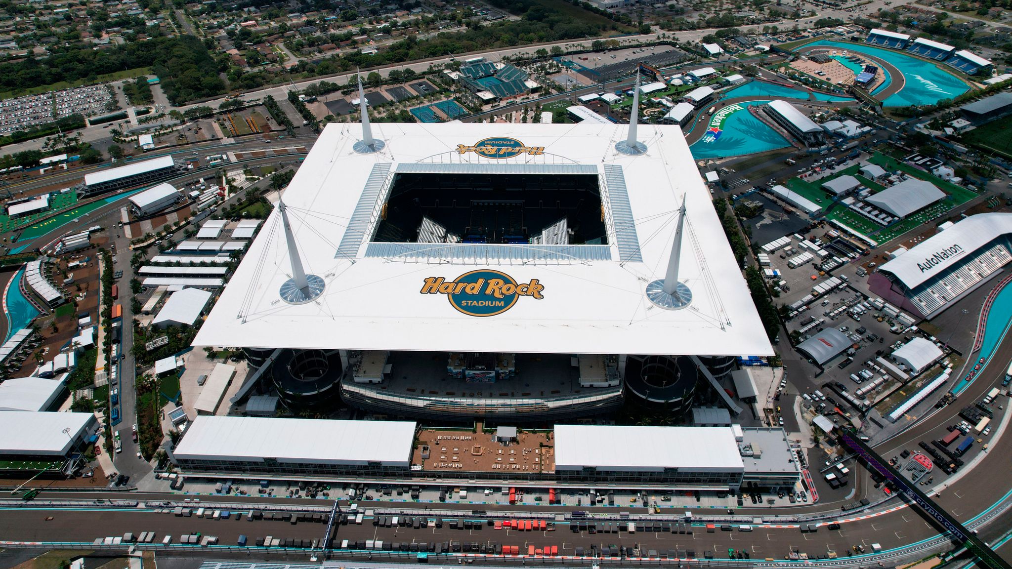 An aerial view of F1 race course for the Miami Grand Prix at Hard Rock Stadium, Monday, May 2, 2022, in Miami Gardens, Fla. (Kirby Lee via AP)An aerial view of F1 race course for the Miami Grand Prix at Hard Rock Stadium, Monday, May 2, 2022, in Miami Gardens, Fla. (Kirby Lee via AP)