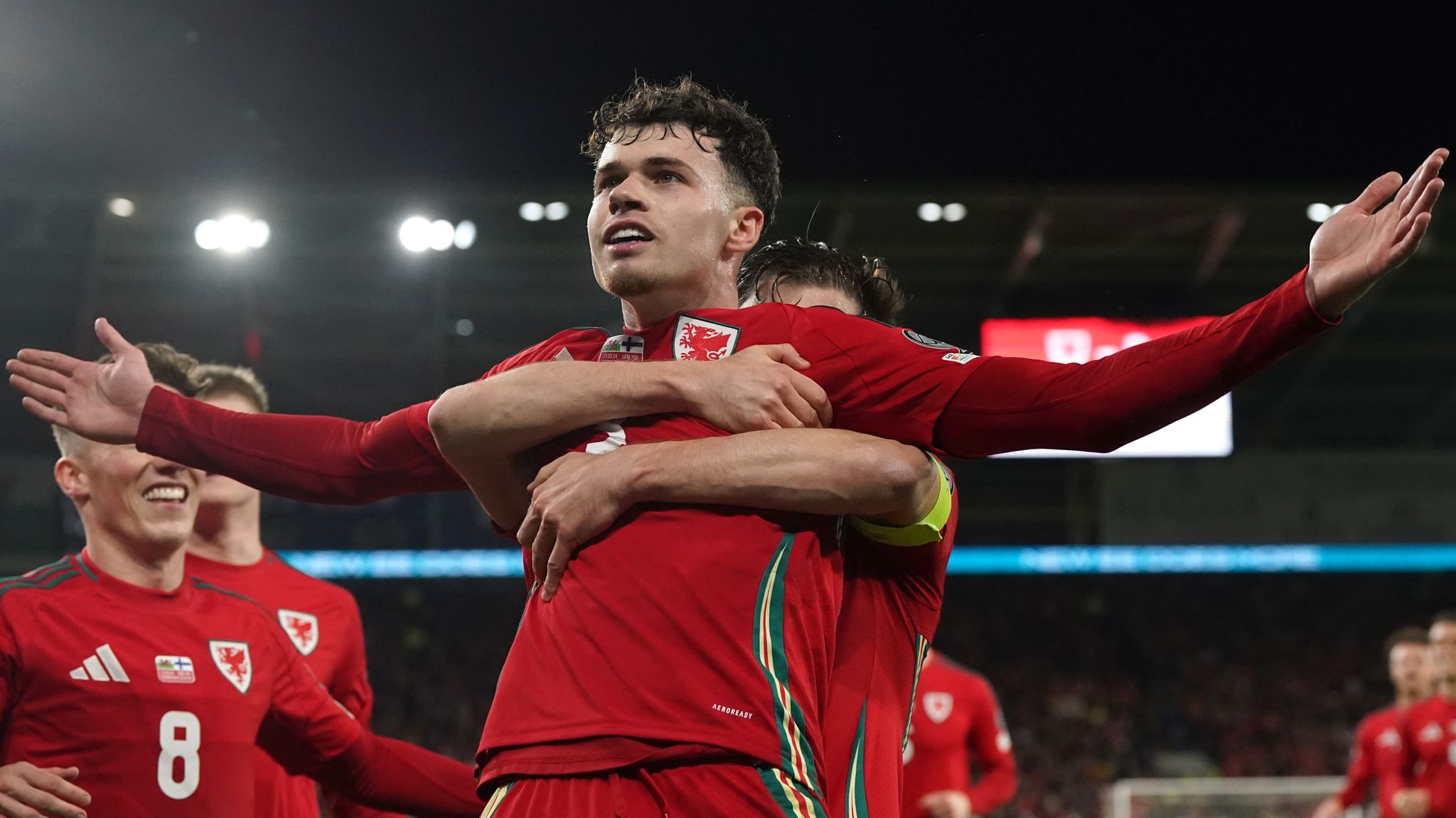 Neco Williams celebrates after putting Wales 2-0 up against Finland