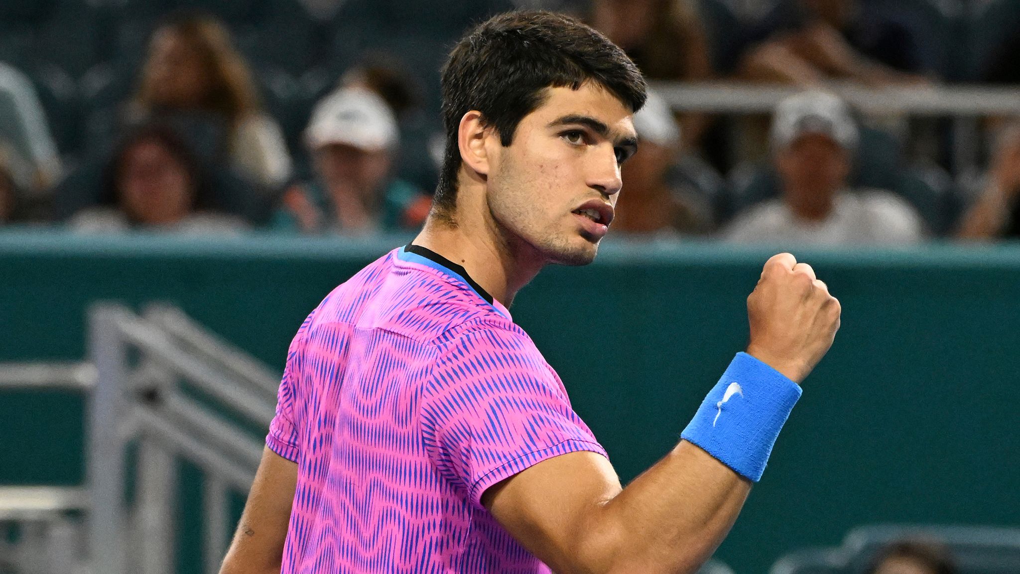 MIAMI GARDENS FL - MARCH 25: Carlos Alcaraz Vs Gael Monfils during 2024 Miami Open at Hard Rock Stadium on March 25, 2024 in Miami Gardens, Florida. Credit: mpi04/MediaPunch /IPX