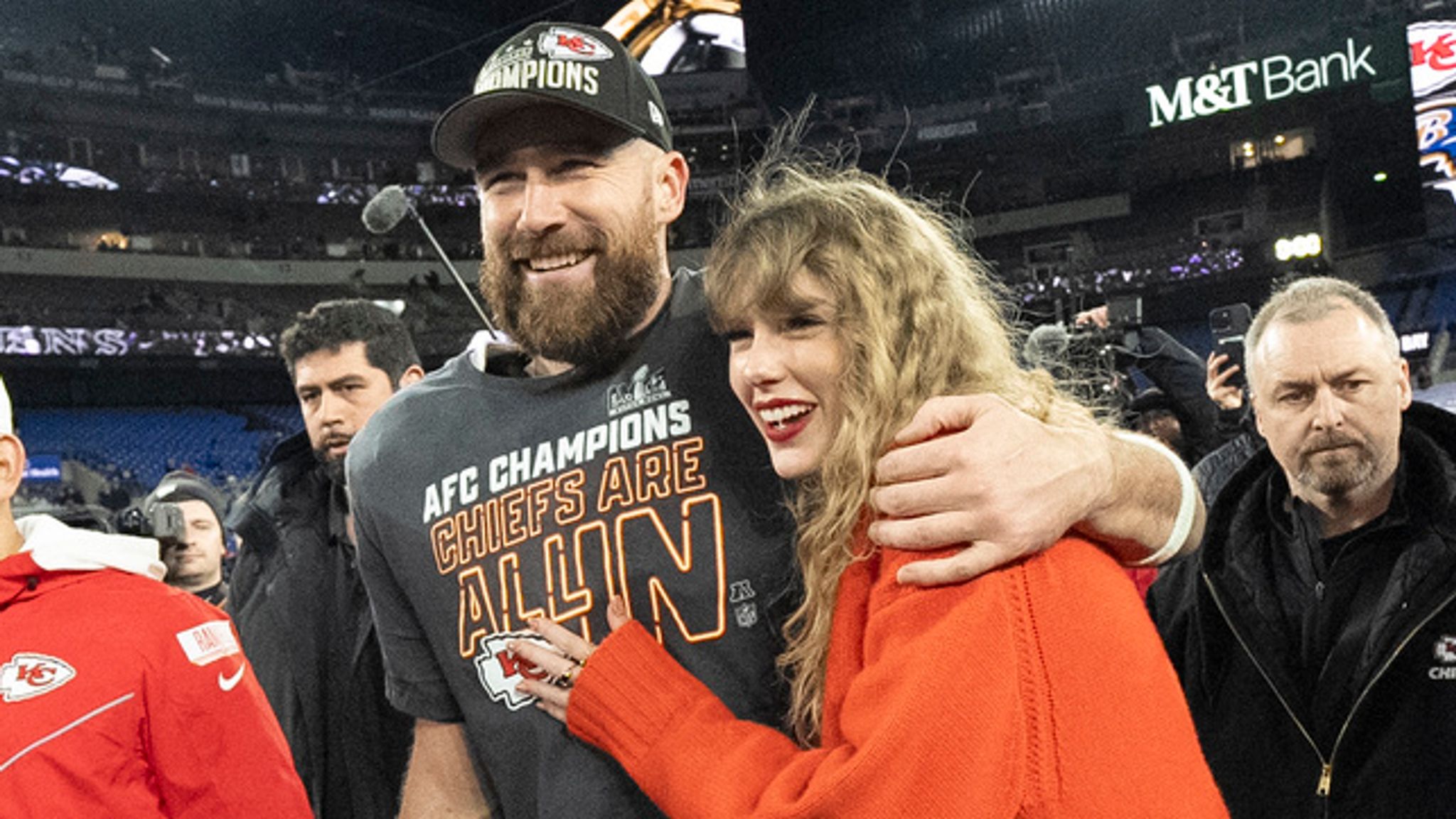 Taylor Swift is expected to attend the Super Bowl to watch her boyfriend Travis Kelce play, both pictured. Pic: AP