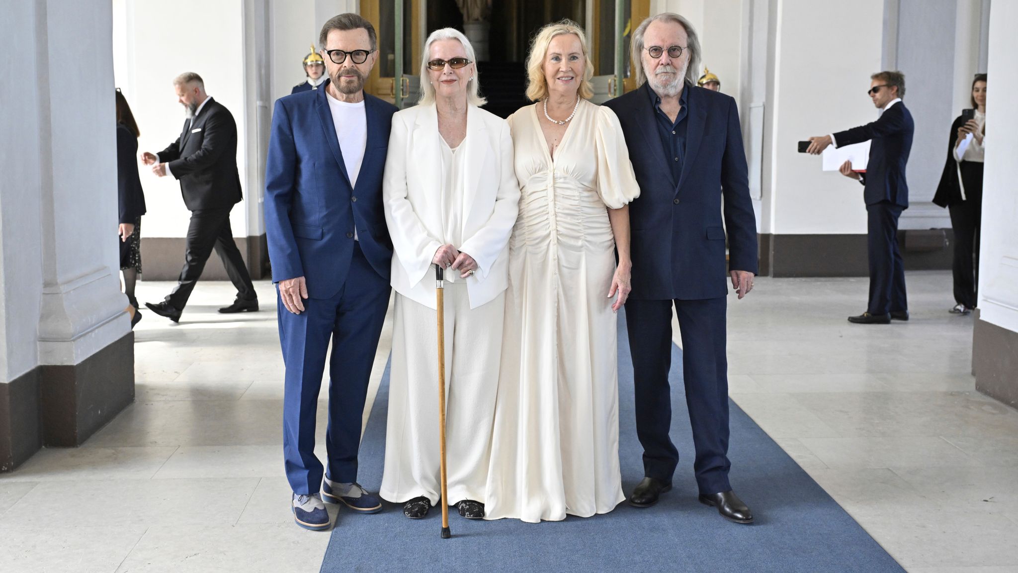 Abba's Bjorn Ulvaeus, Anni-Frid Lyngstad, Agnetha Faltskog and Benny Andersson receive the Royal Vasa Order from Sweden's King Carl Gustaf and Queen Silvia on Friday May 31. Pic: AP 