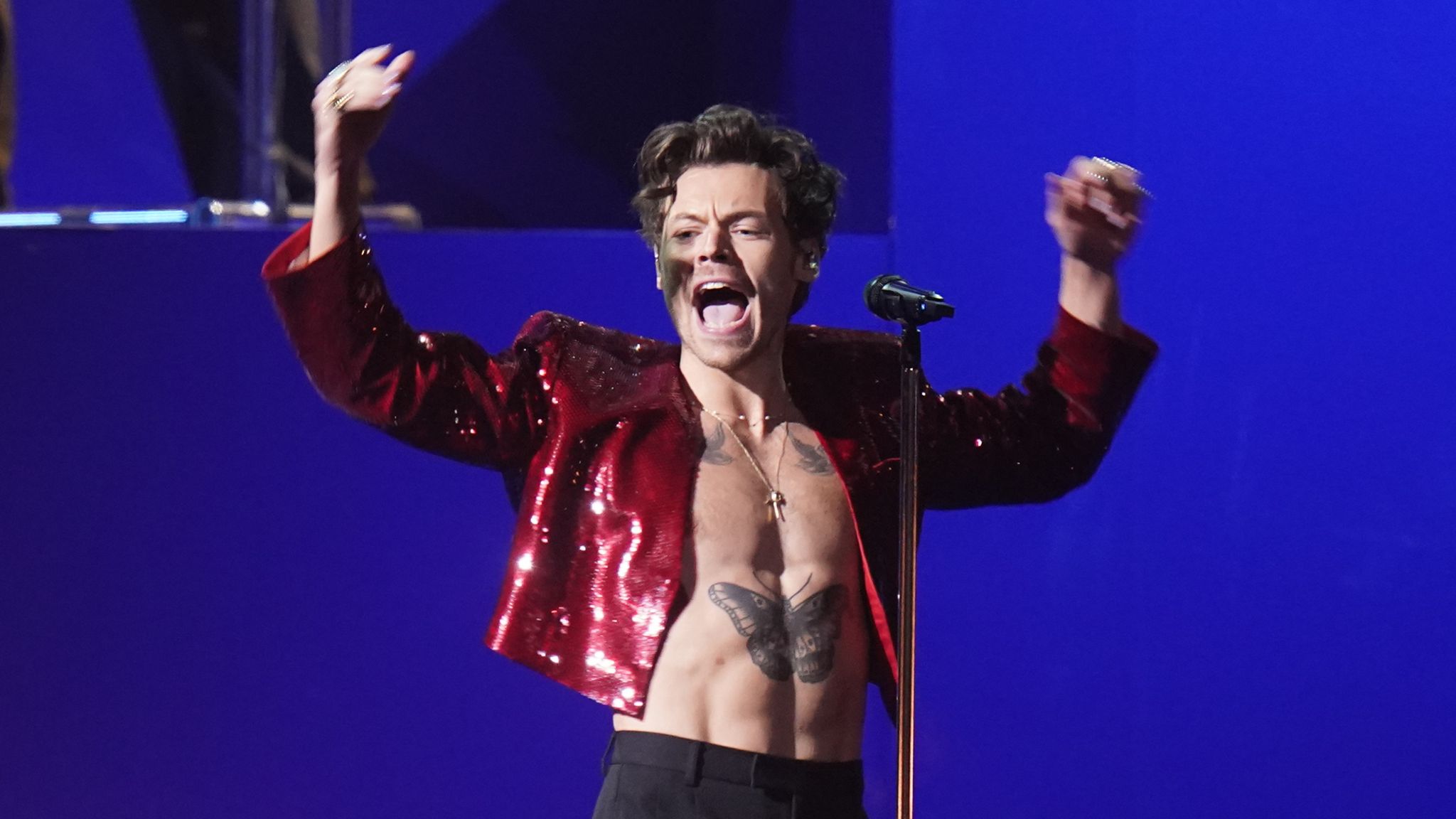 Harry Styles performing during the Brit Awards 2023 at the O2 Arena, London. Picture date: Saturday February 11, 2023. 