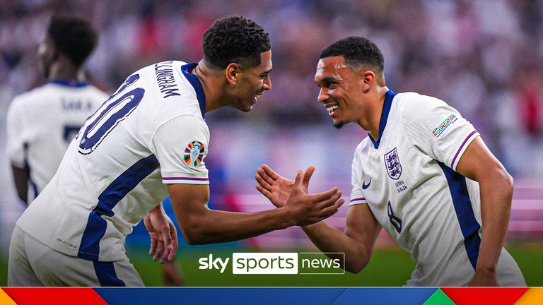 England&#39;s Jude Bellingham, left, celebrates with England&#39;s Trent Alexander-Arnold