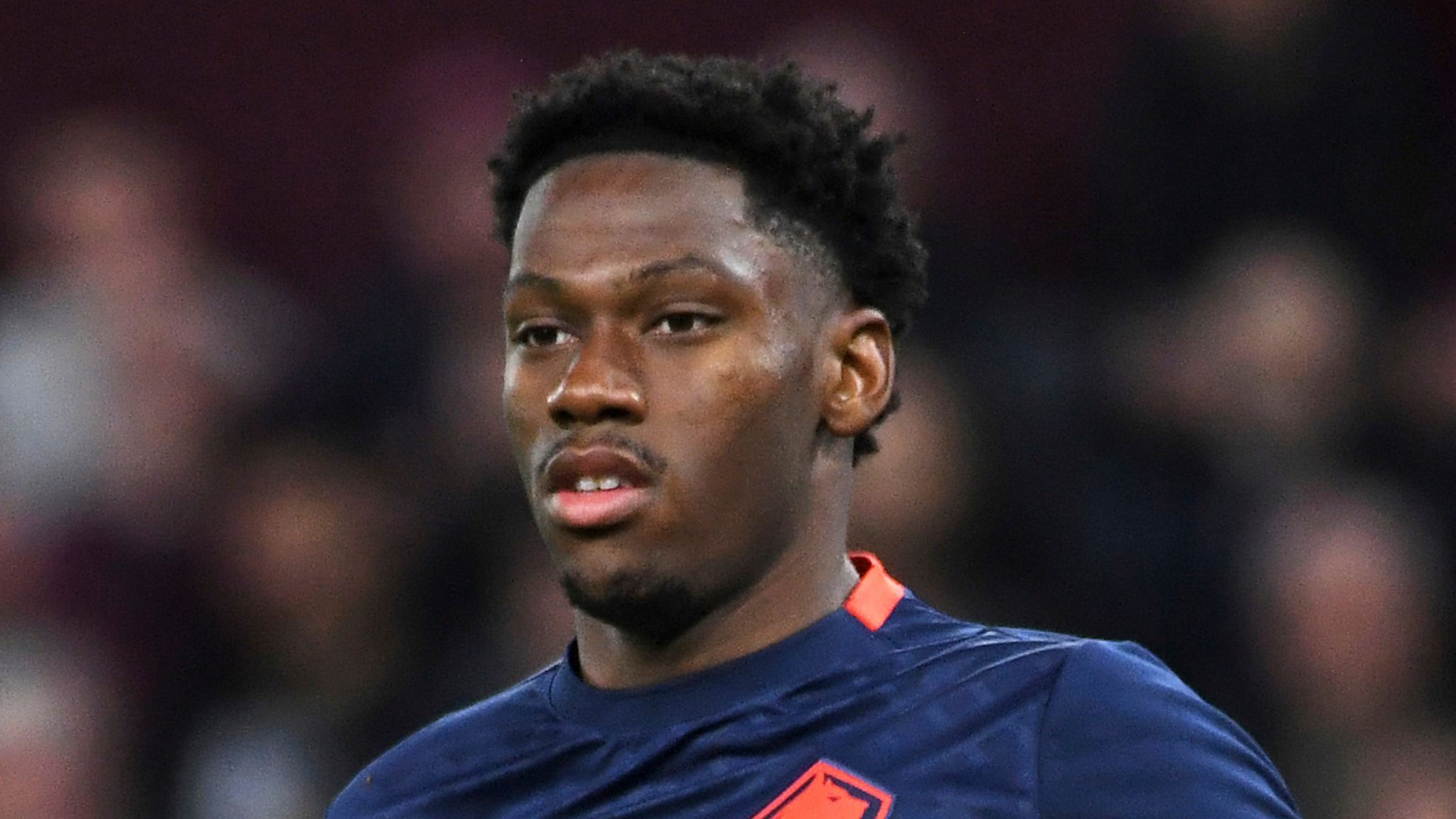 Lille's Jonathan David during the Europa Conference League quarter final soccer match between Aston Villa and Losc Lille at Villa Park in Birmingham, England, Thursday, April 11, 2024. (AP Photo/Rui Vieira)