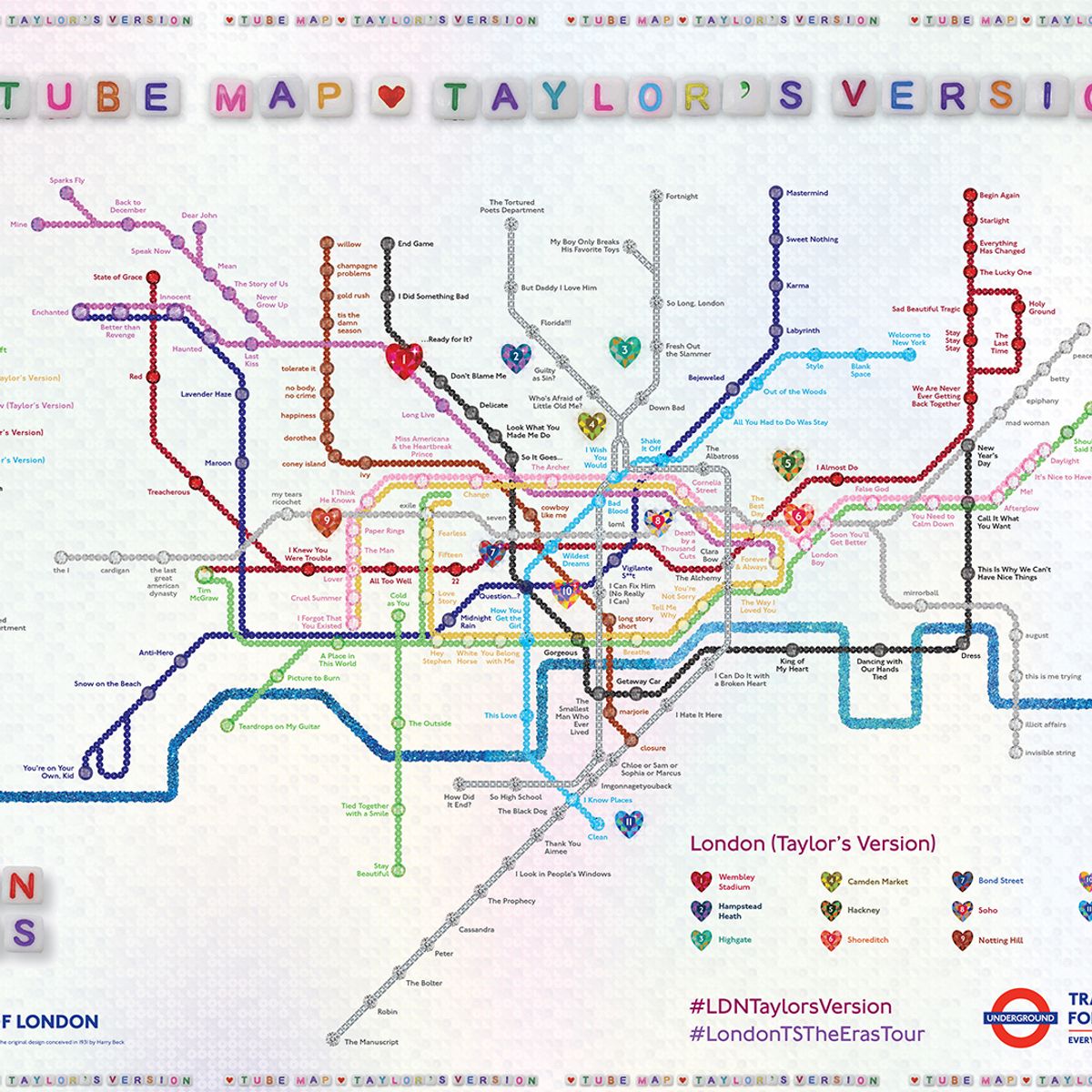 Taylor Swift inspired London tube map. Each line is named after a different album and drawn in sequin colours to match, with stations named after songs, and gemstones to reflect key locations with links to Taylor that fans can visit. Pic:Mayor of London's Press Office/PA