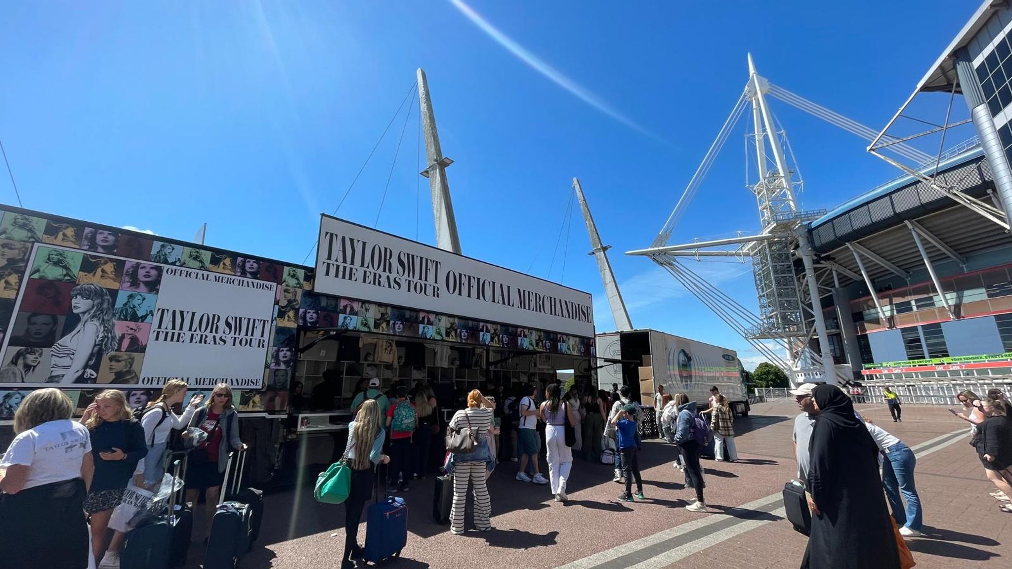 Fans gather outside Principality Stadium in Cardiff to buy merchandise ahead of Taylor Swift's Eras Tour performance