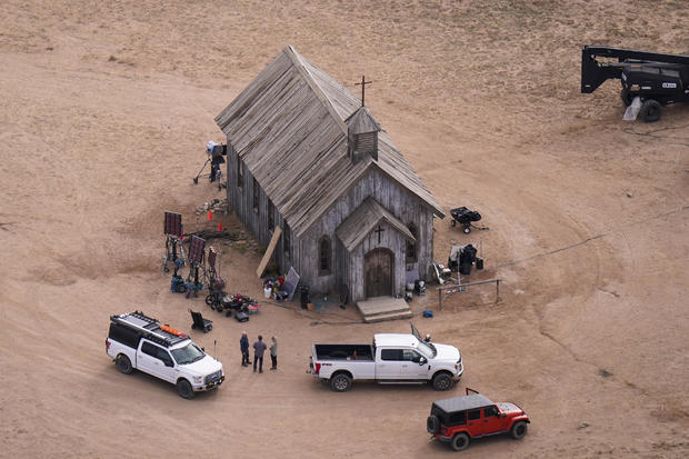 An aerial photo shows the Bonanza Creek Ranch that was used for the Western film "Rust" in Santa Fe, N.M., on Oct. 23, 2021. 