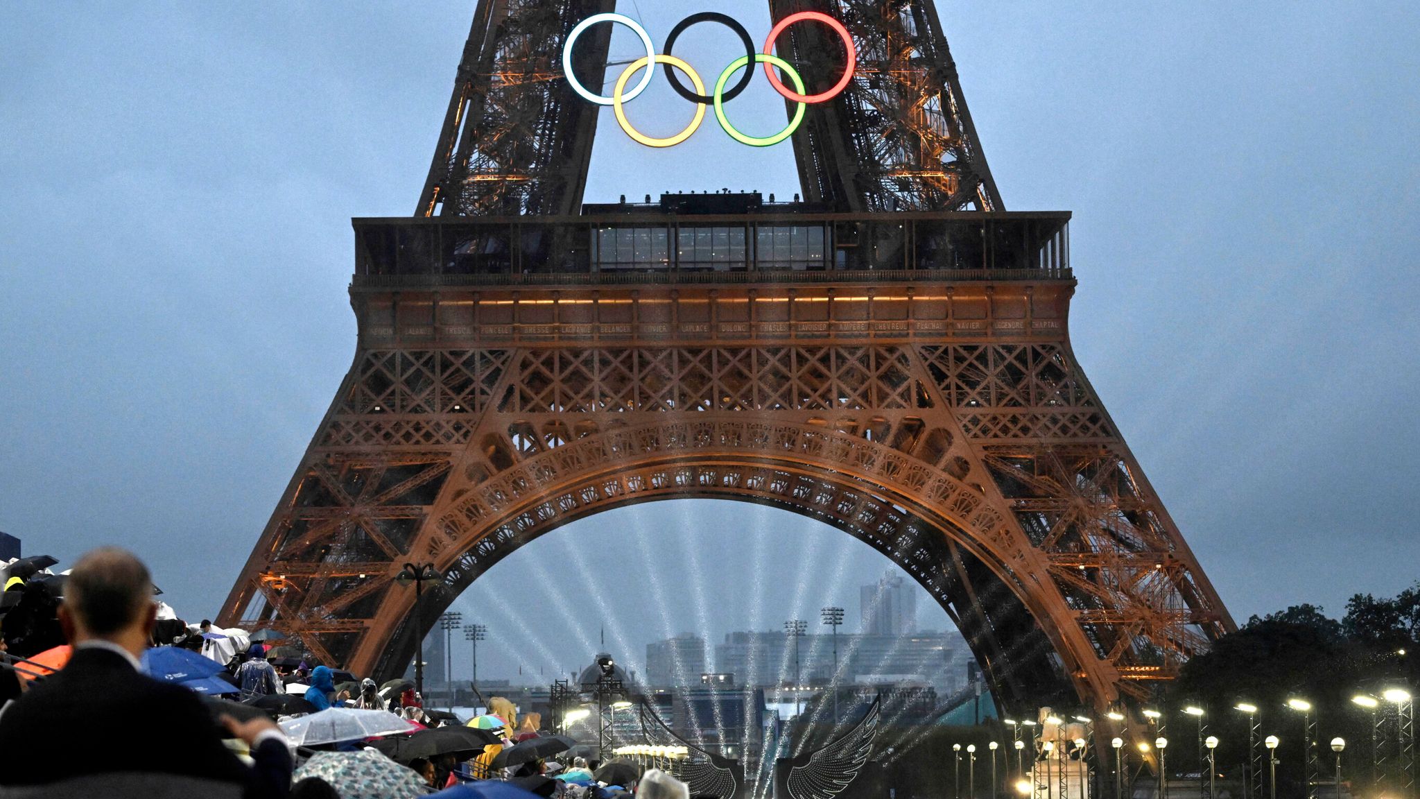 The Eiffel Tower is decorated with the Olympic Five Rings during the Opening Ceremony of the Paris 2024 Olympics. Pic: The Yomiuri Shimbun/AP